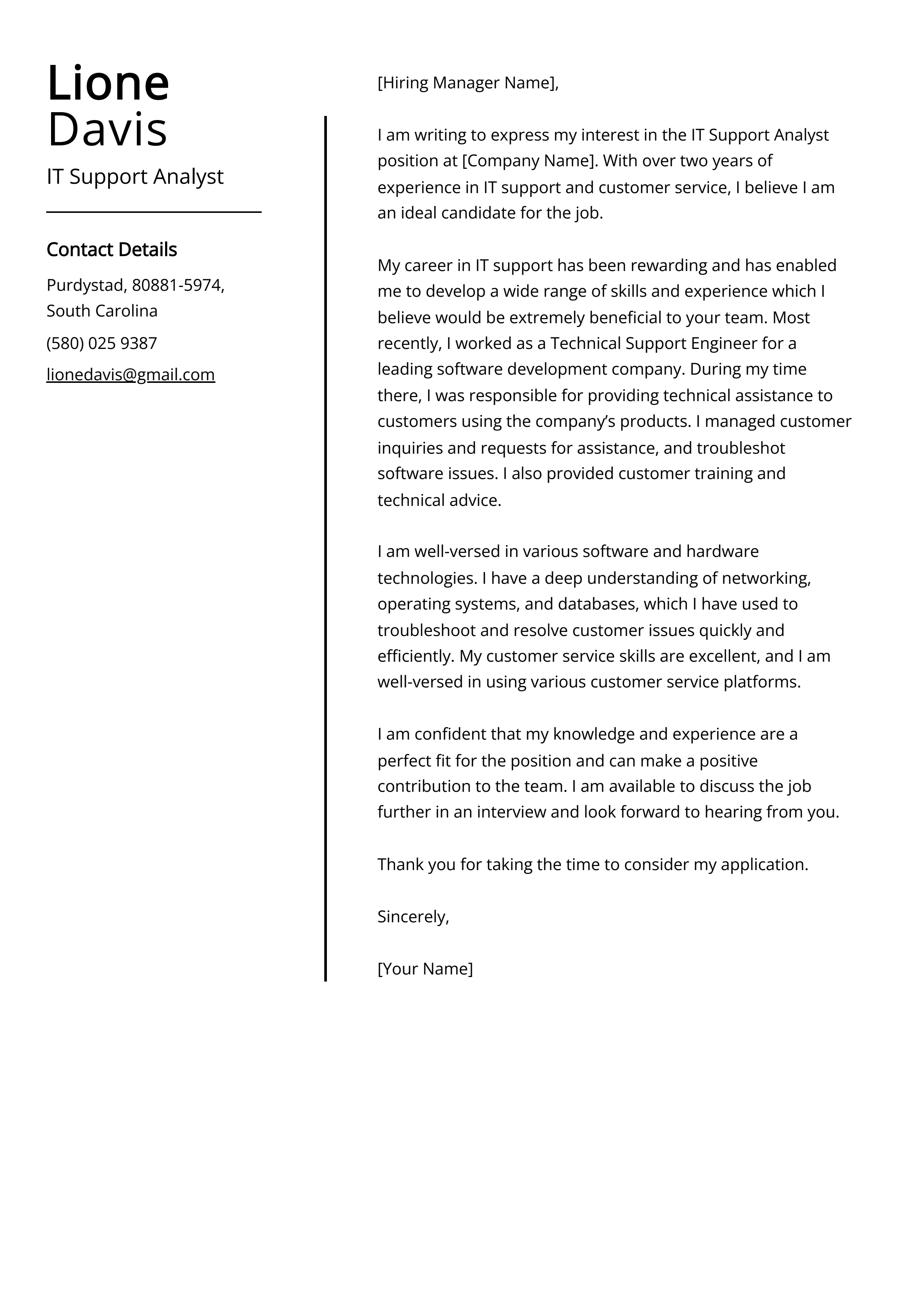 IT Support Analyst Cover Letter Example