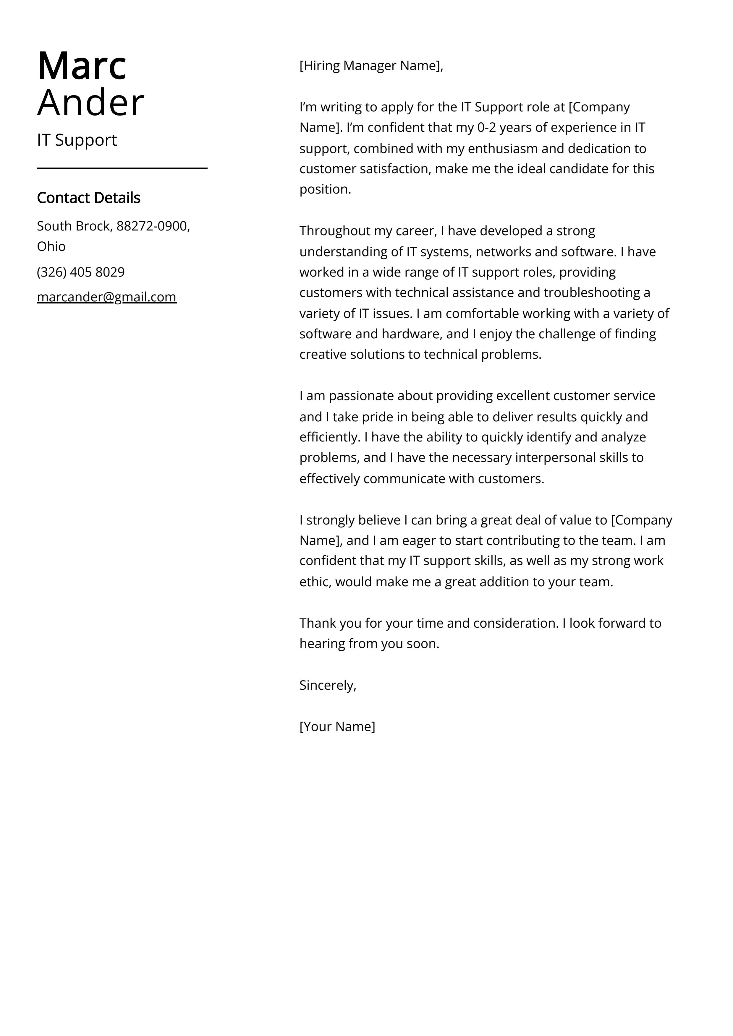 IT Support Cover Letter Example