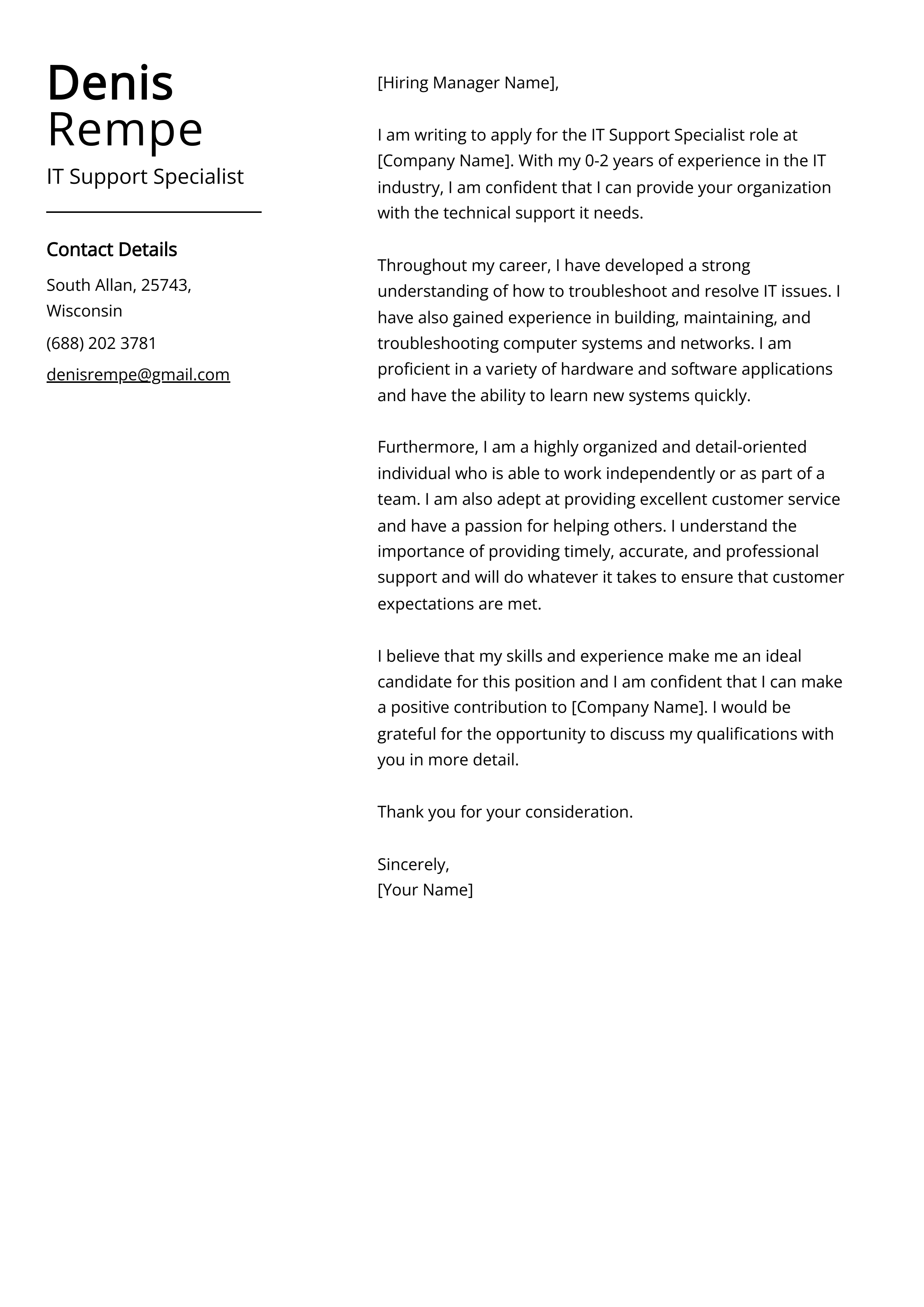 IT Support Specialist Cover Letter Example