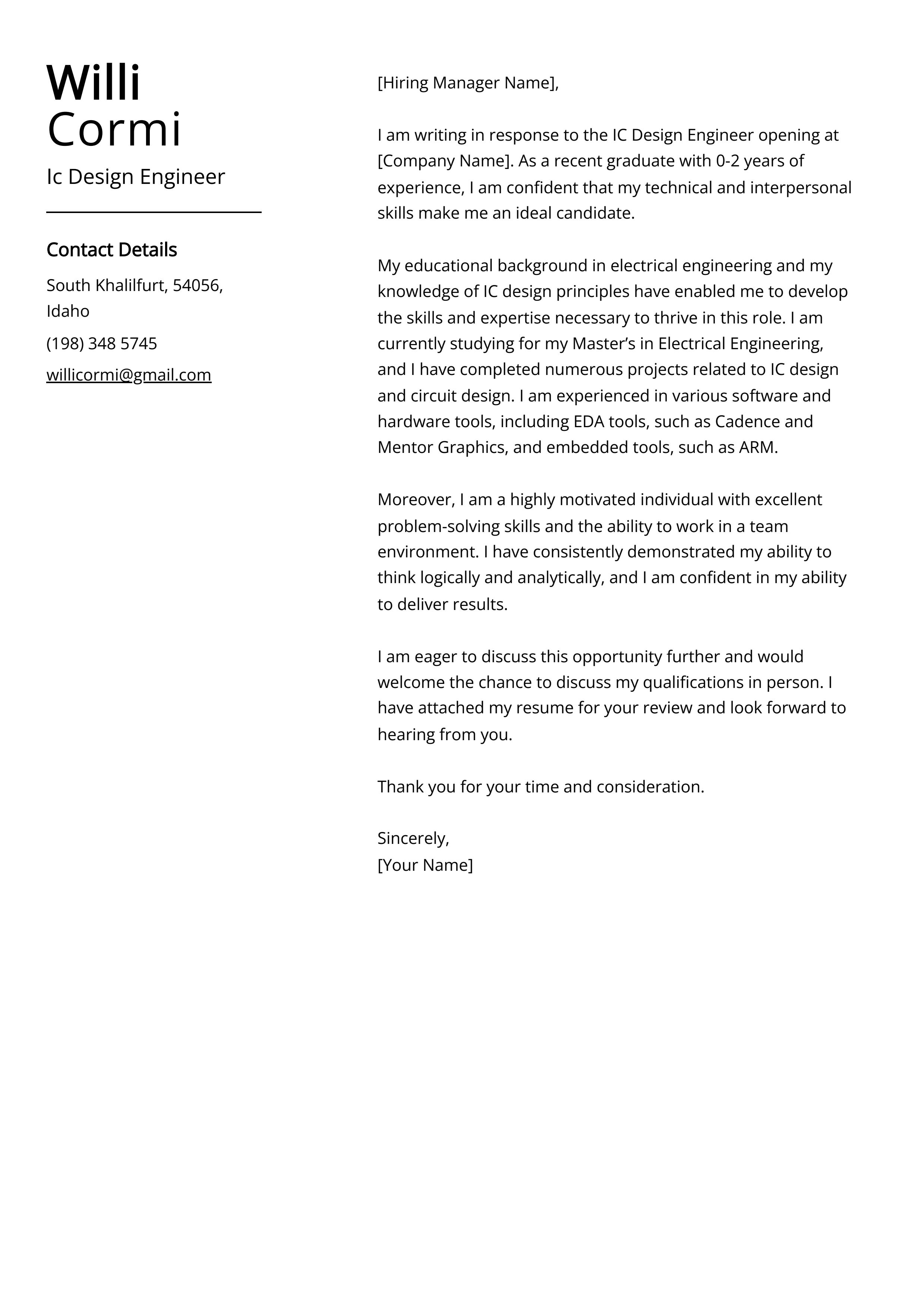 Ic Design Engineer Cover Letter Example