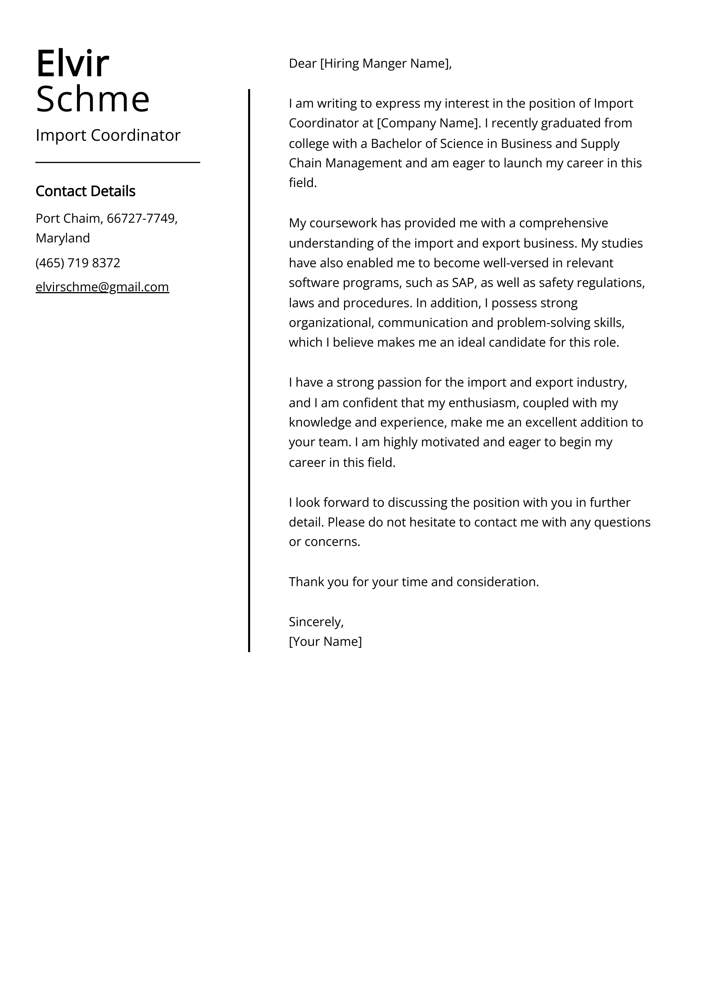 Import Coordinator Cover Letter Example