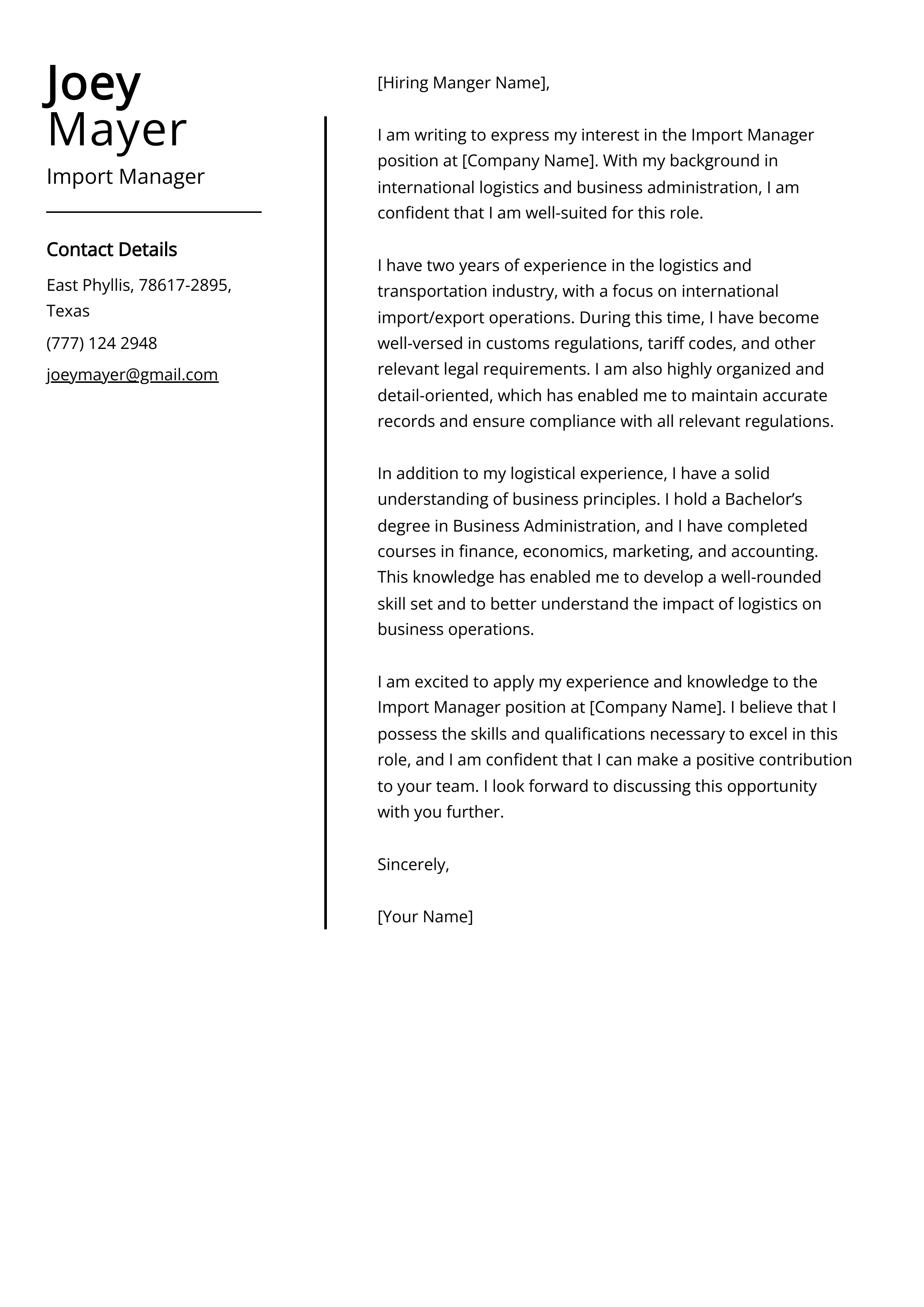 Import Manager Cover Letter Example