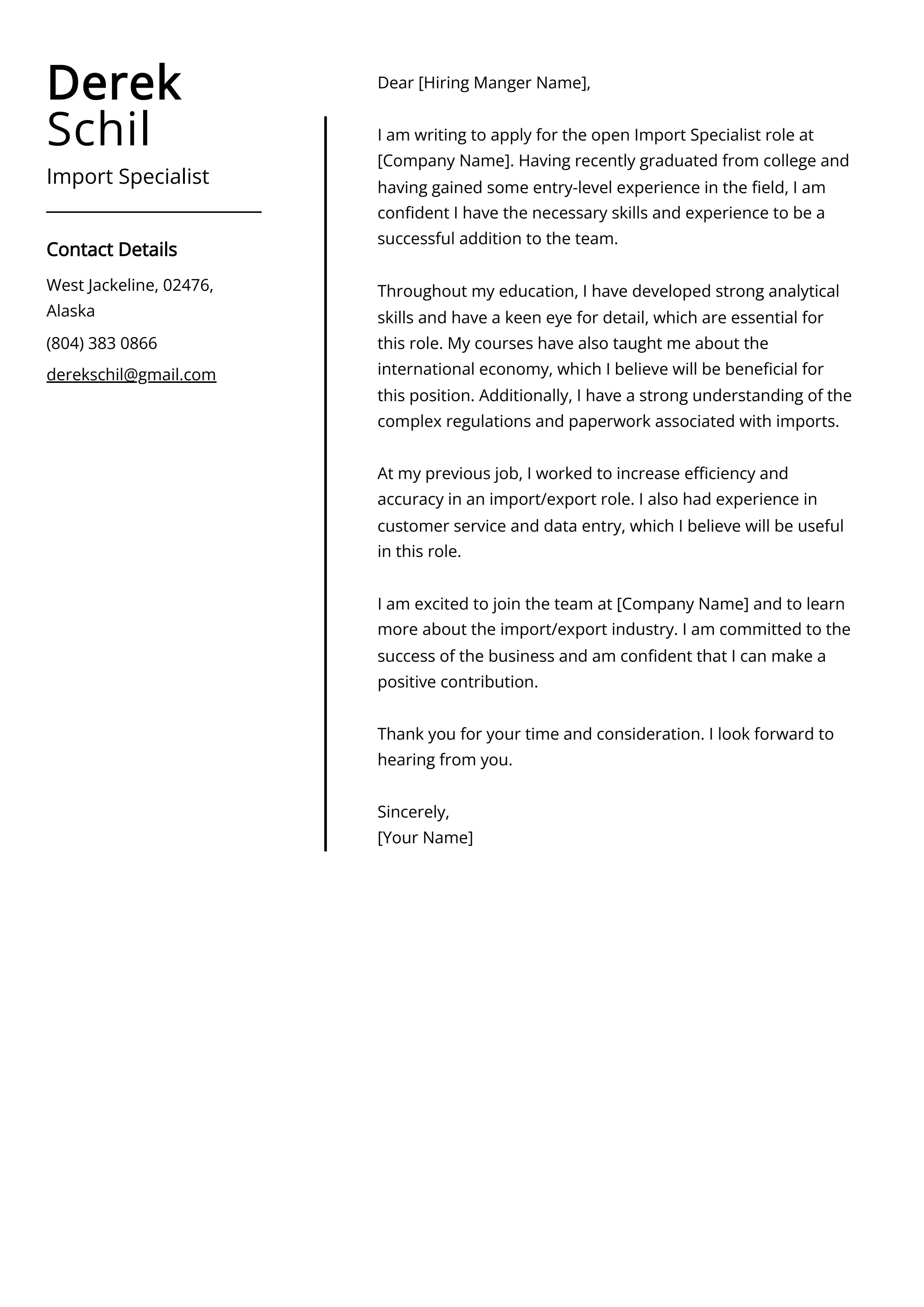 Import Specialist Cover Letter Example