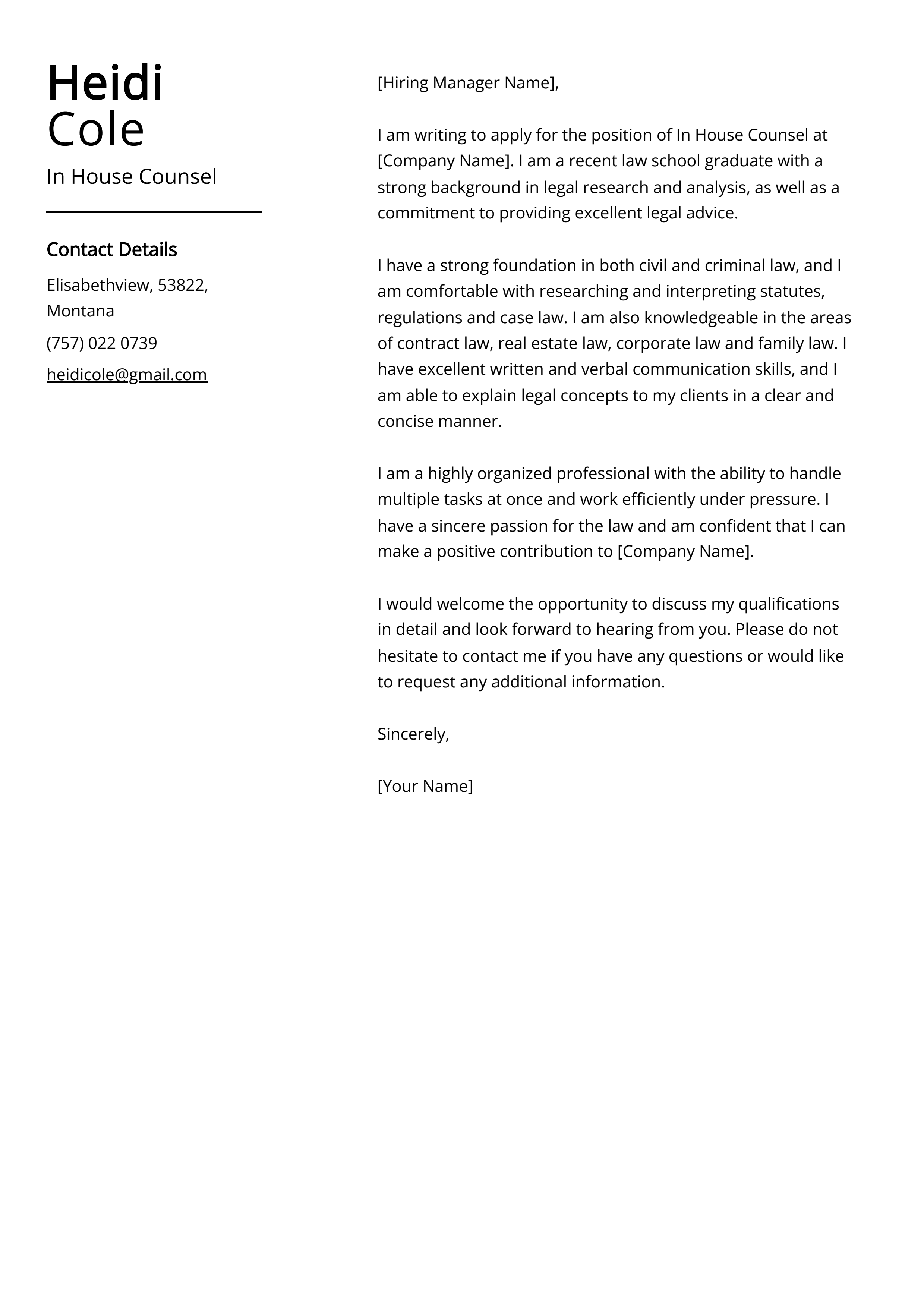 In House Counsel Cover Letter Example