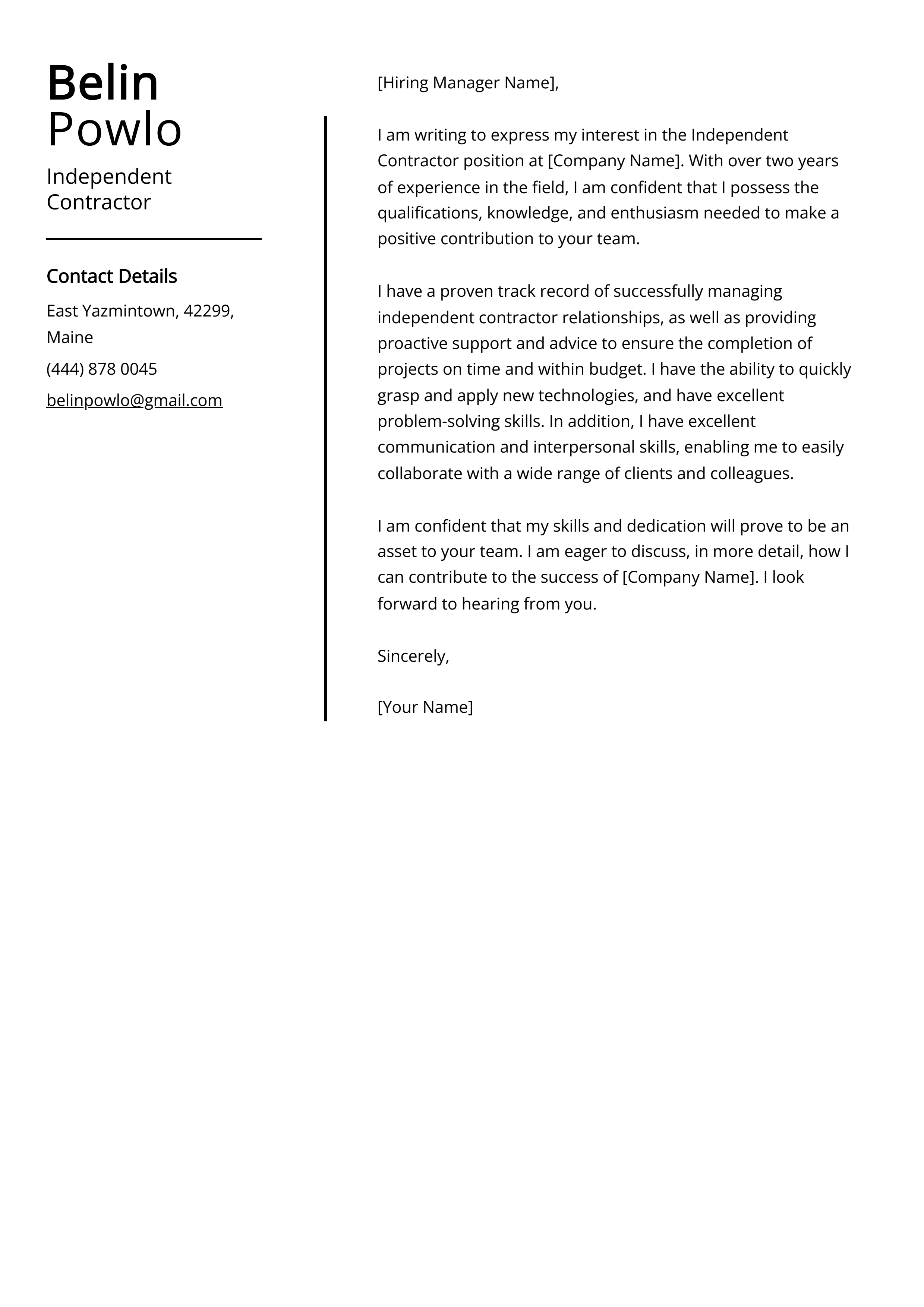 Independent Contractor Cover Letter Example