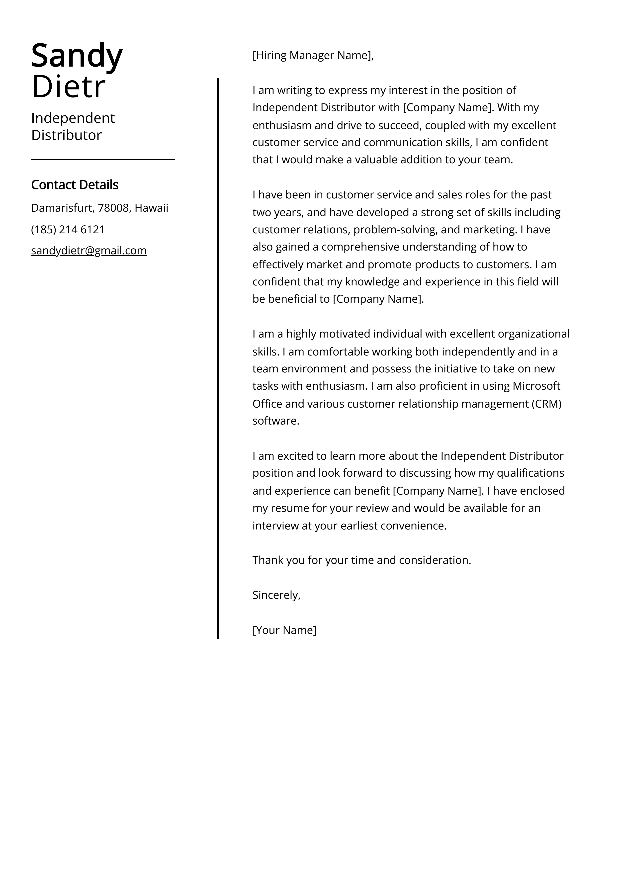 Independent Distributor Cover Letter Example