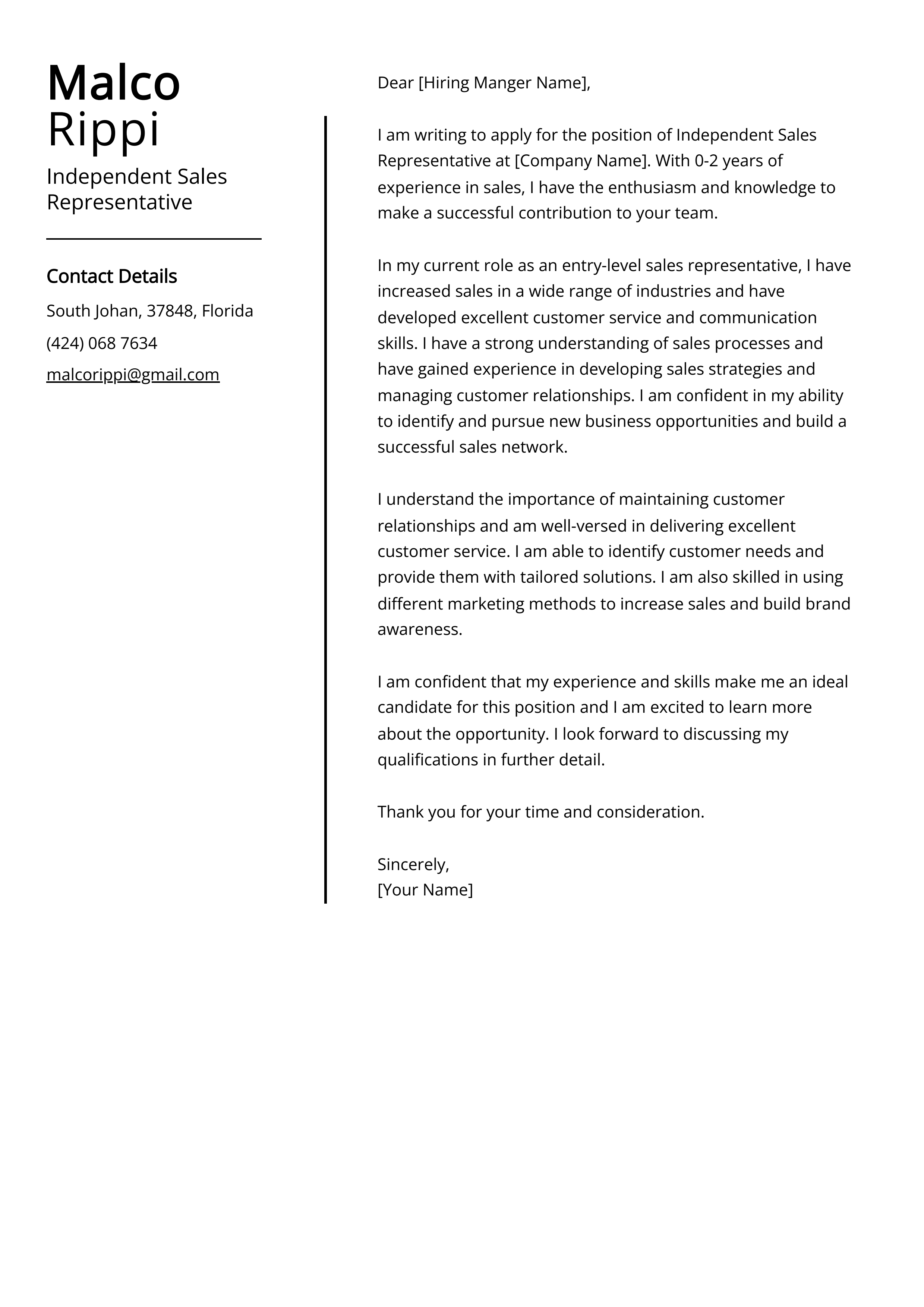 Independent Sales Representative Cover Letter Example
