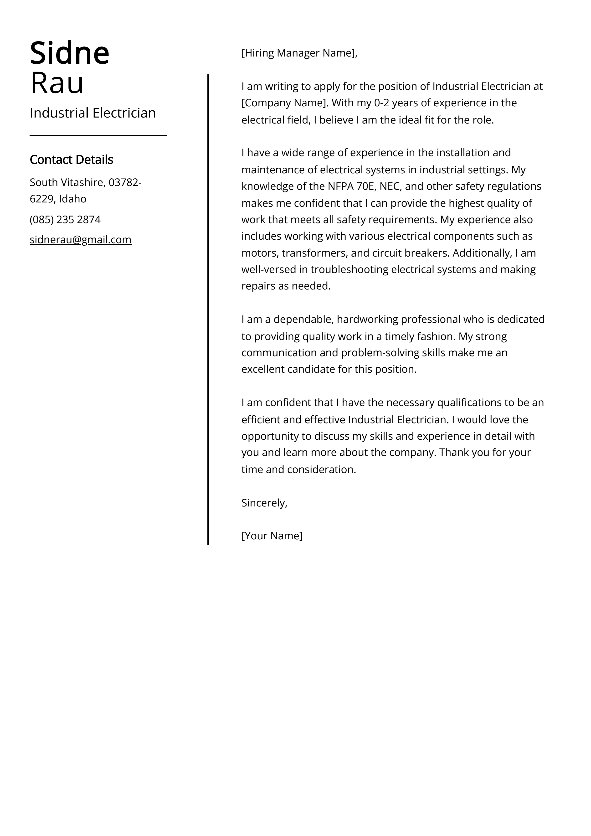 Industrial Electrician Cover Letter Example