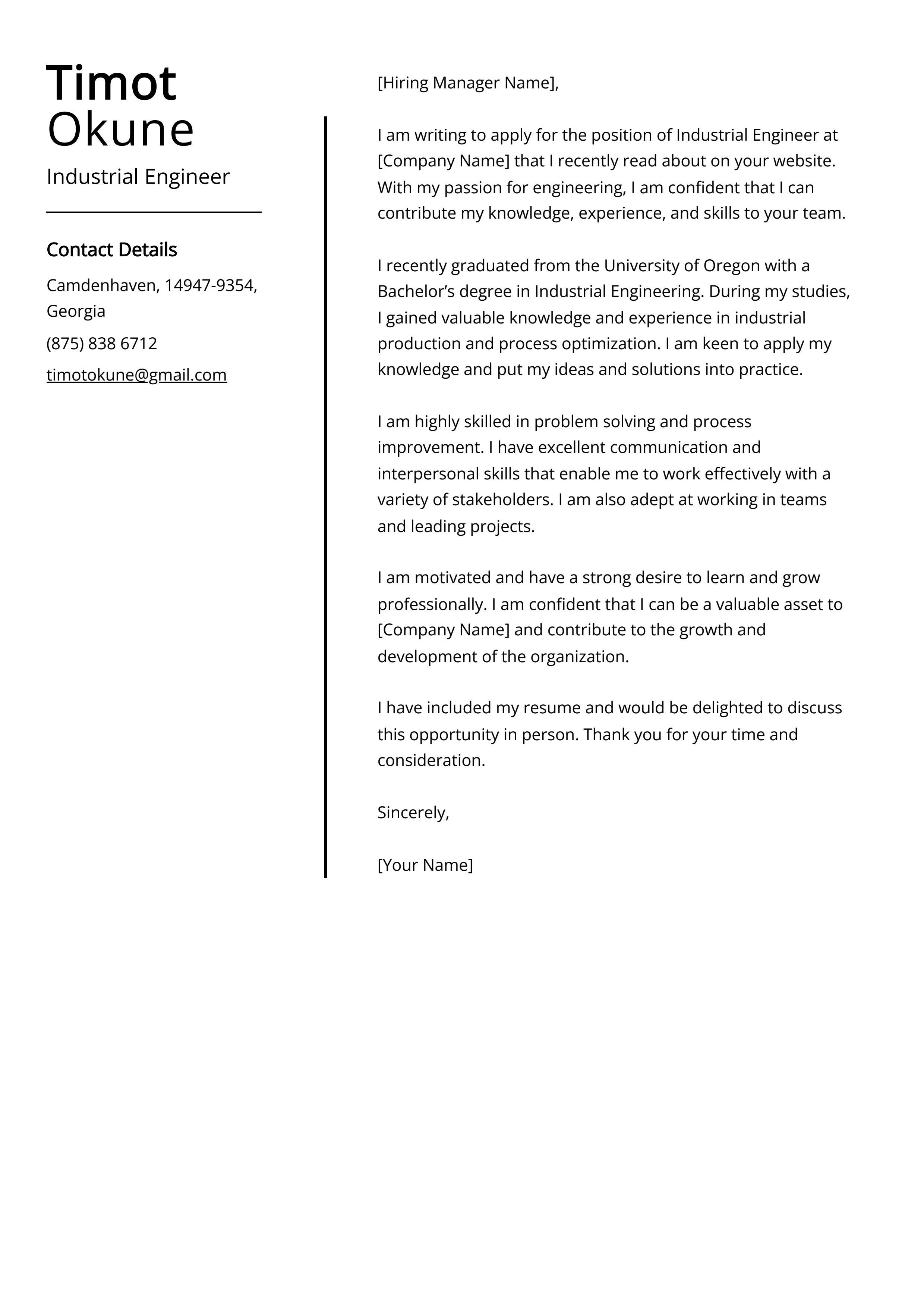 Industrial Engineer Cover Letter Example