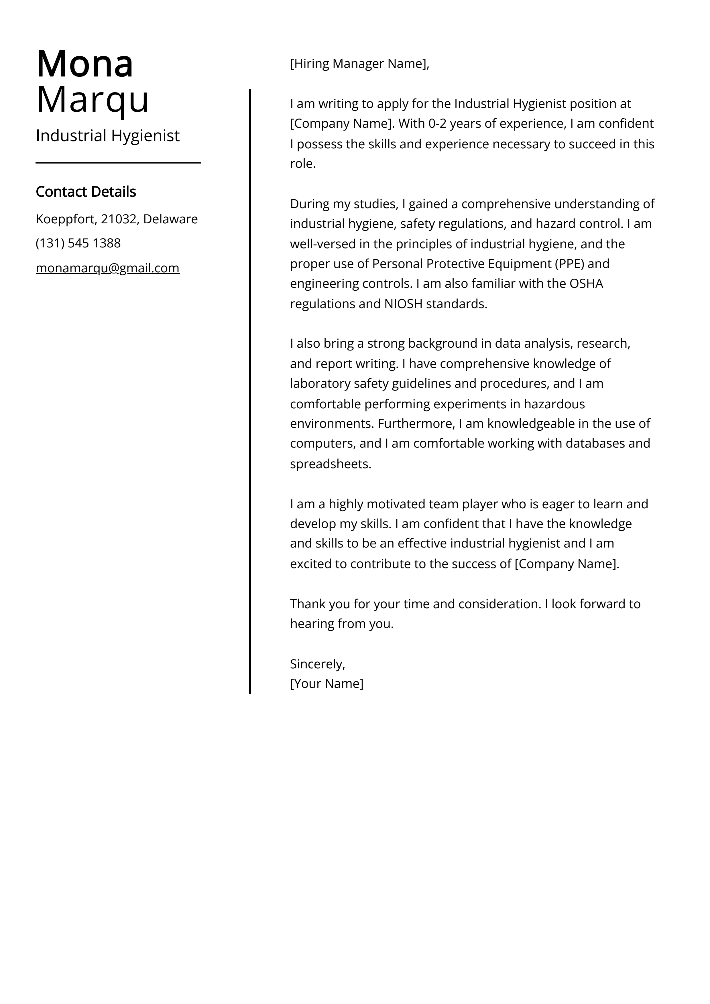 Industrial Hygienist Cover Letter Example