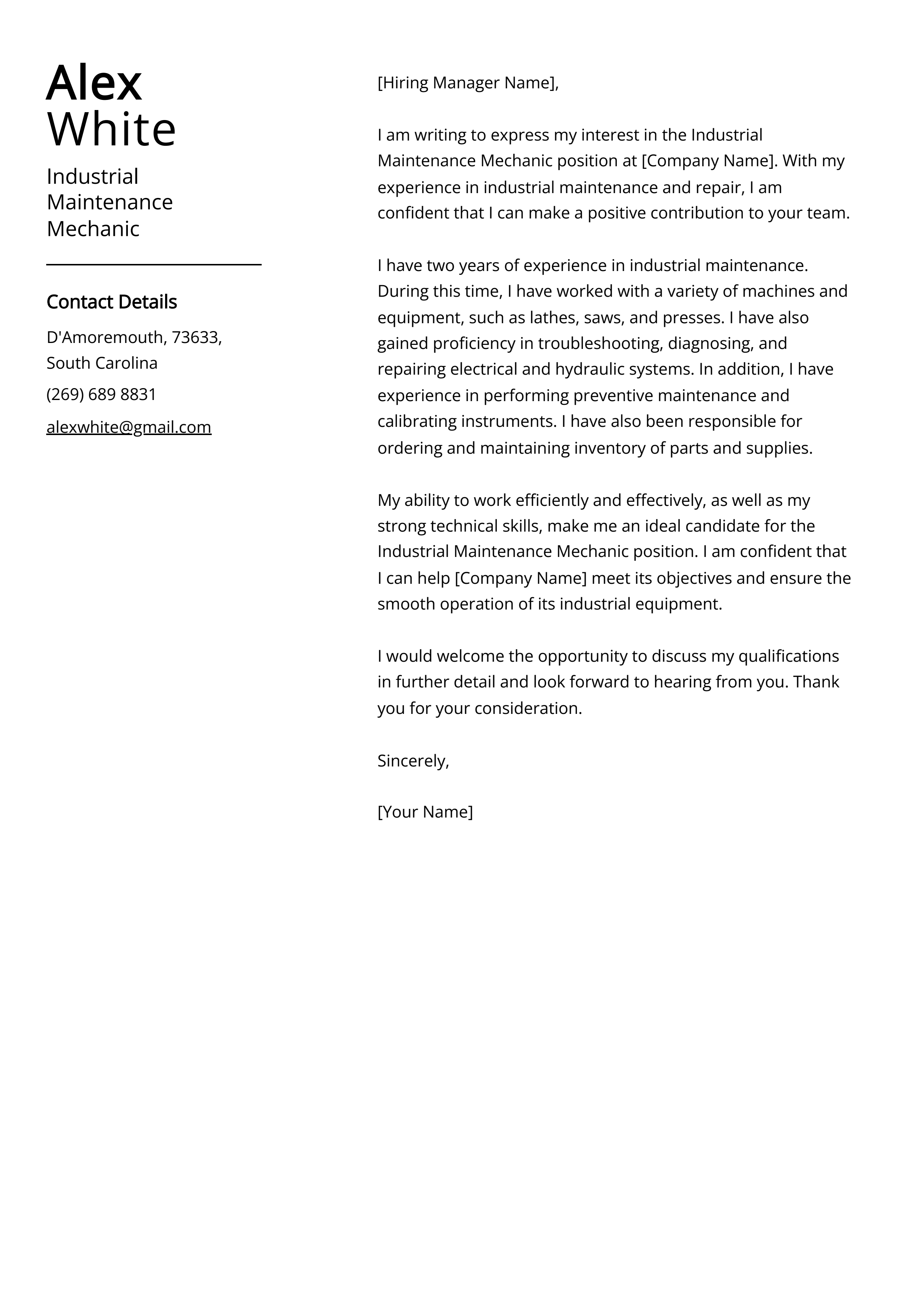 Industrial Maintenance Mechanic Cover Letter Example