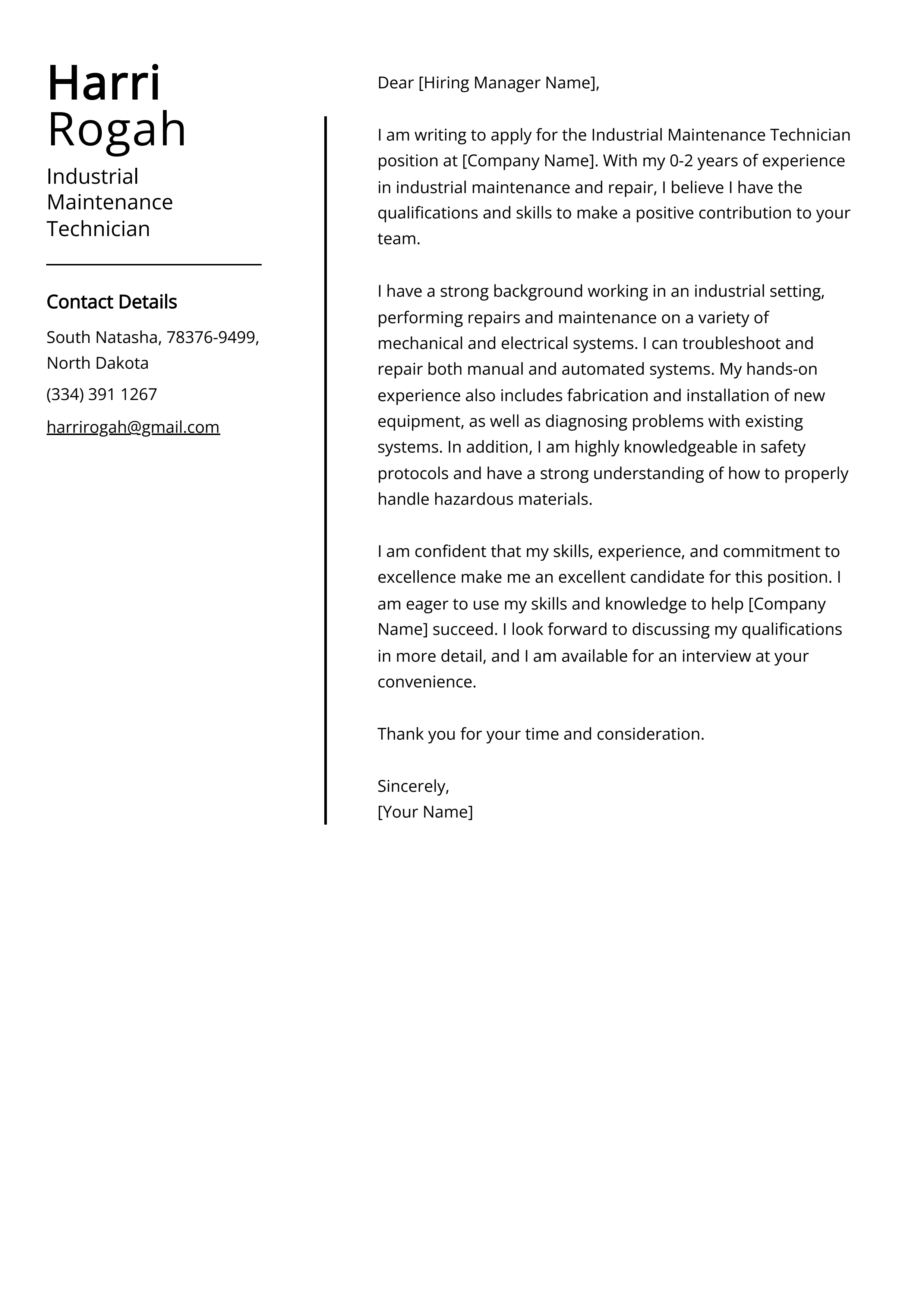Industrial Maintenance Technician Cover Letter Example