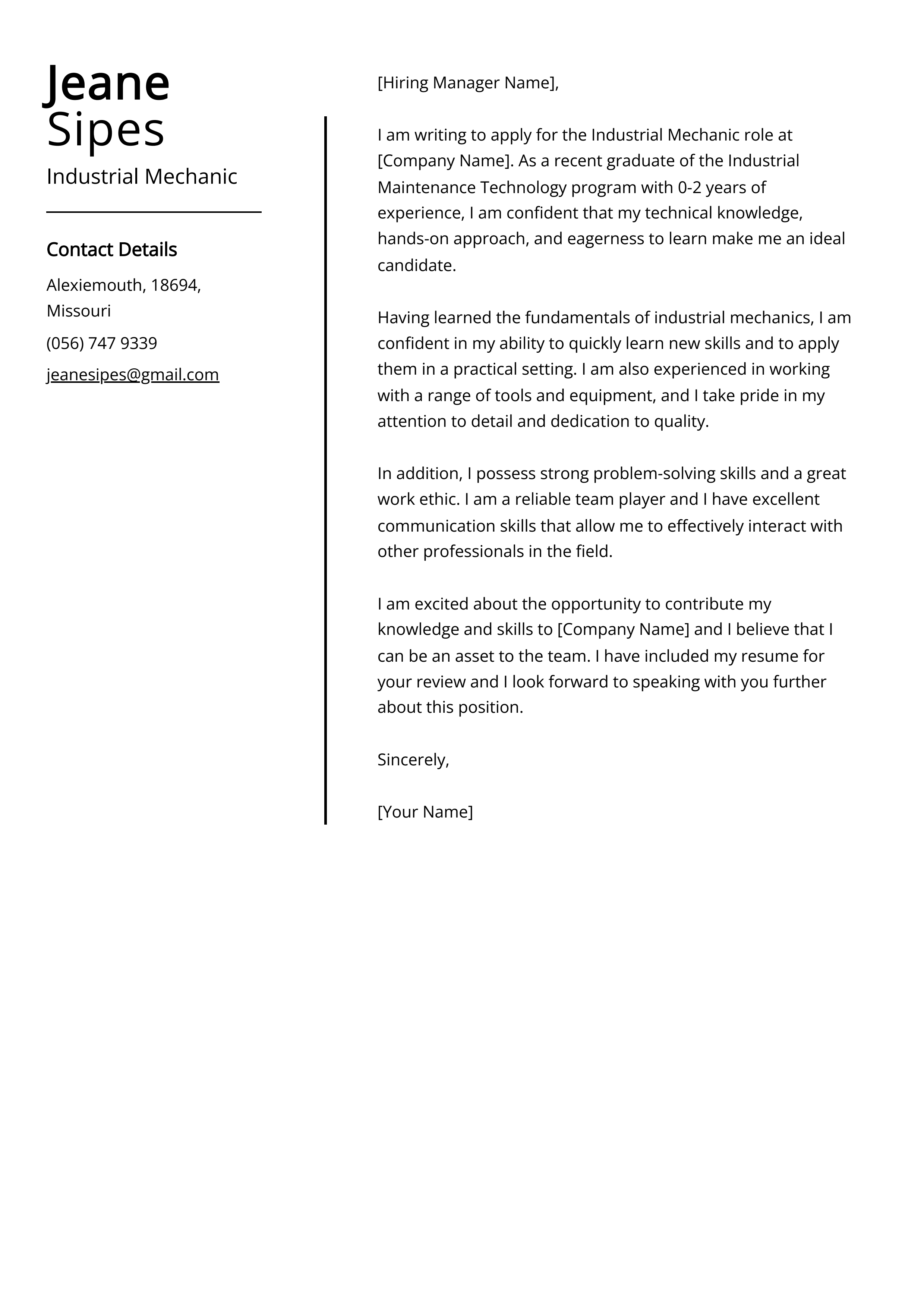 Industrial Mechanic Cover Letter Example
