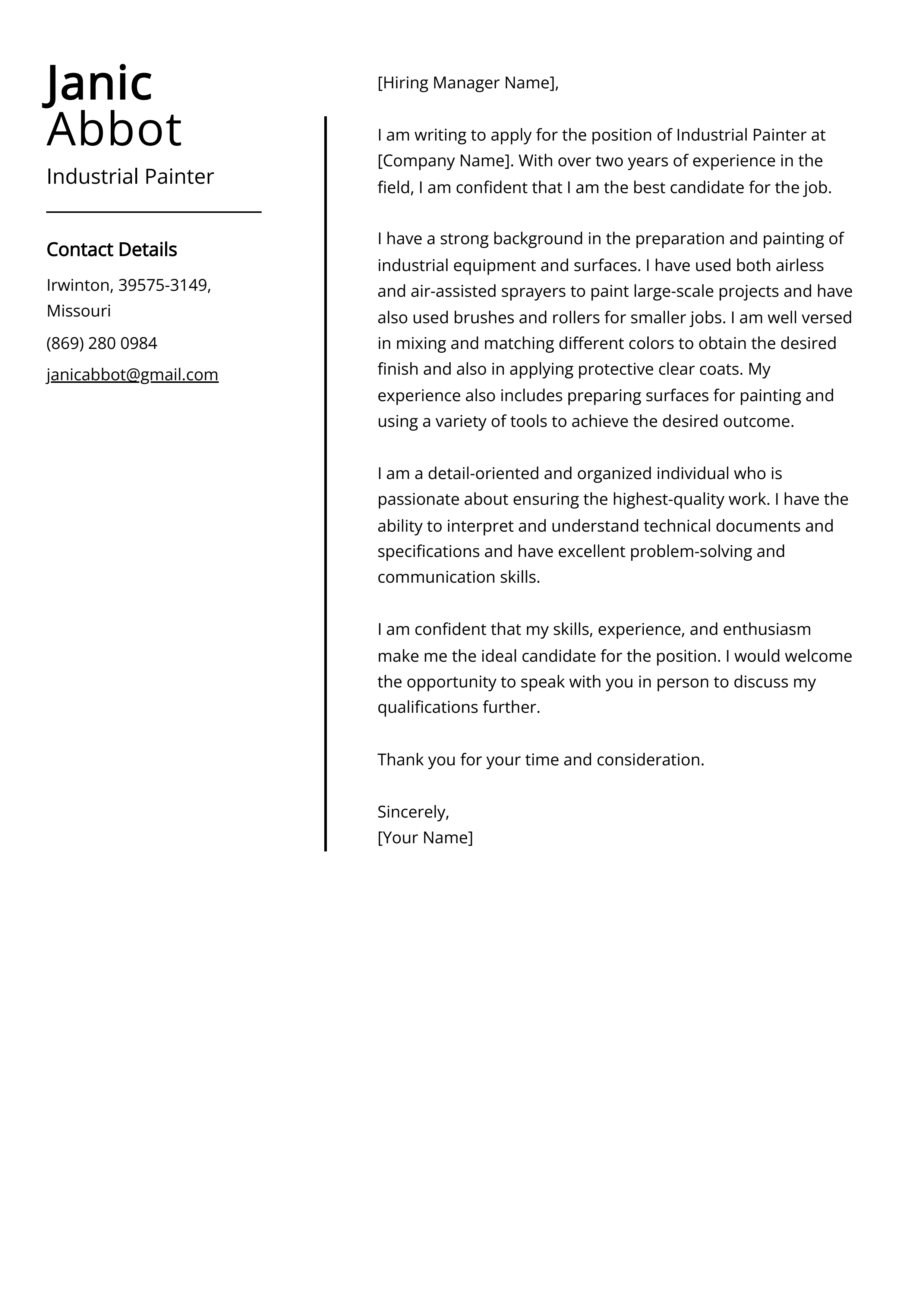Industrial Painter Cover Letter Example