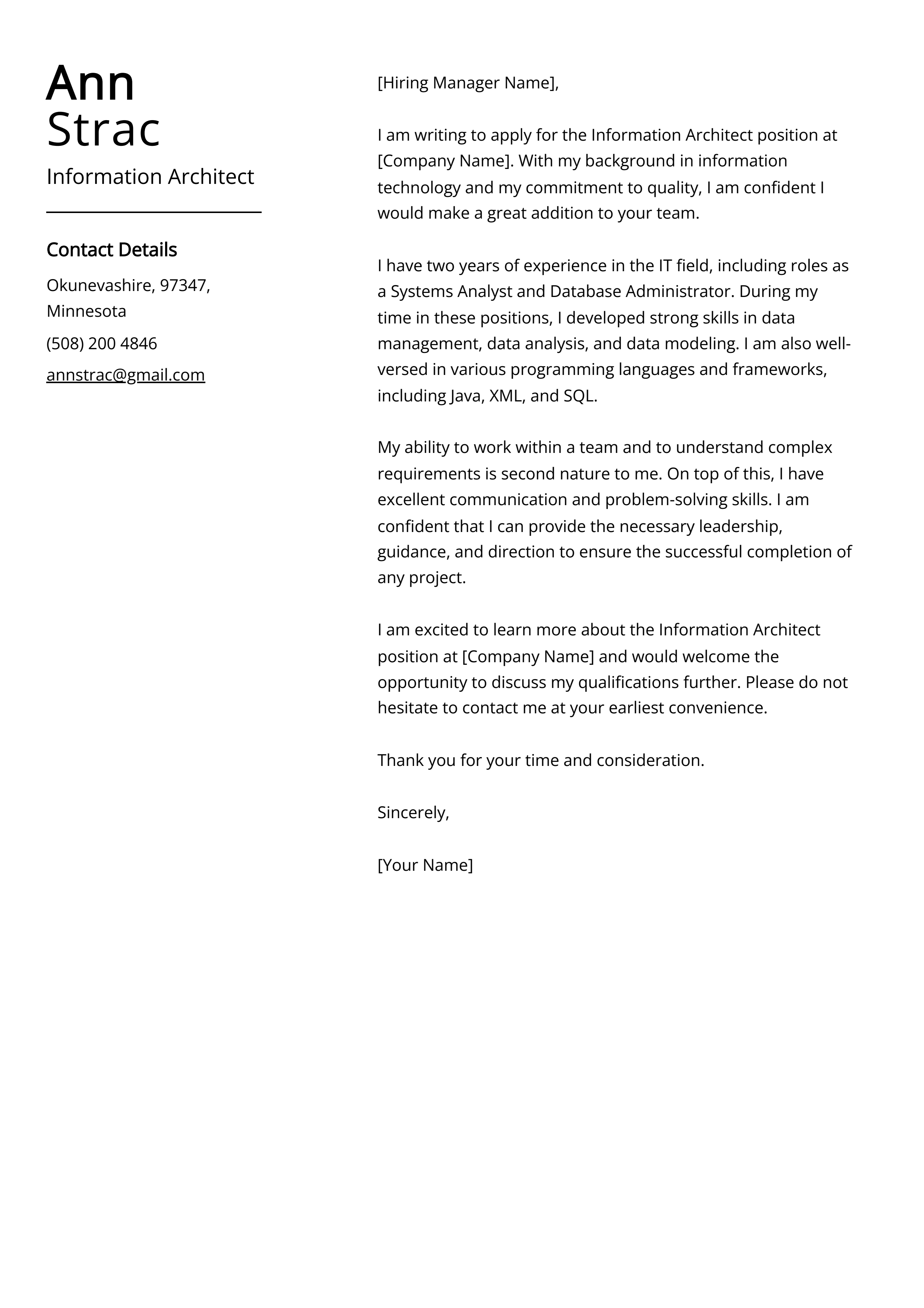 Information Architect Cover Letter Example