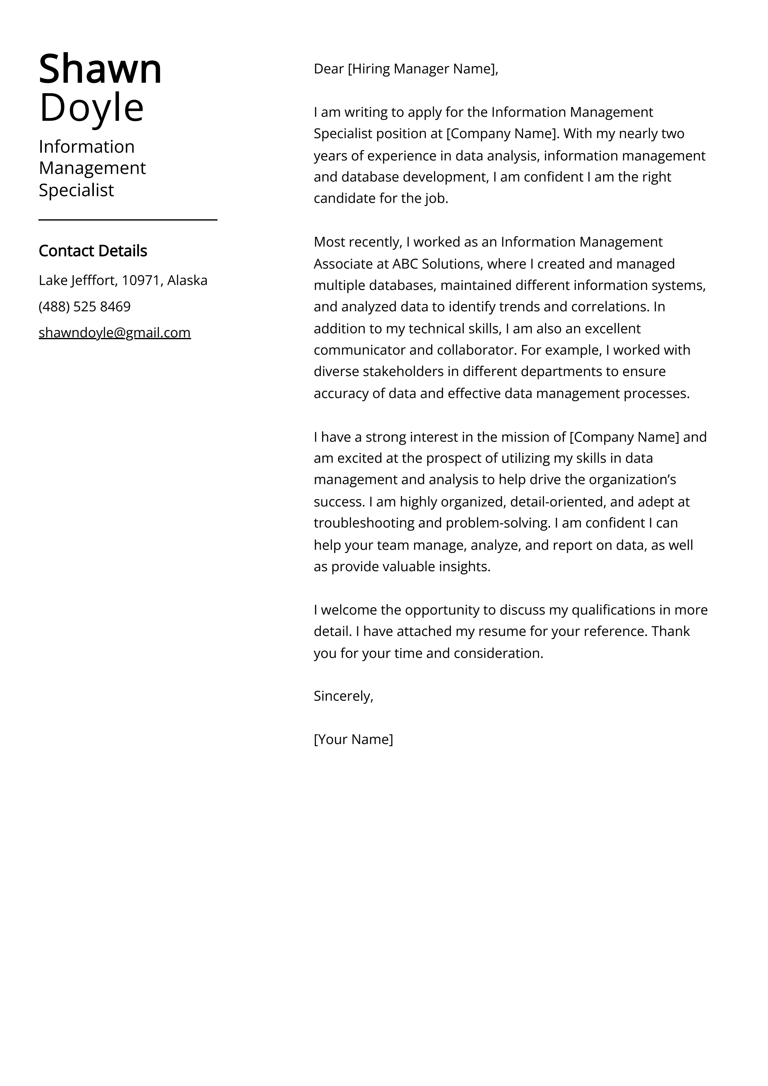 Information Management Specialist Cover Letter Example