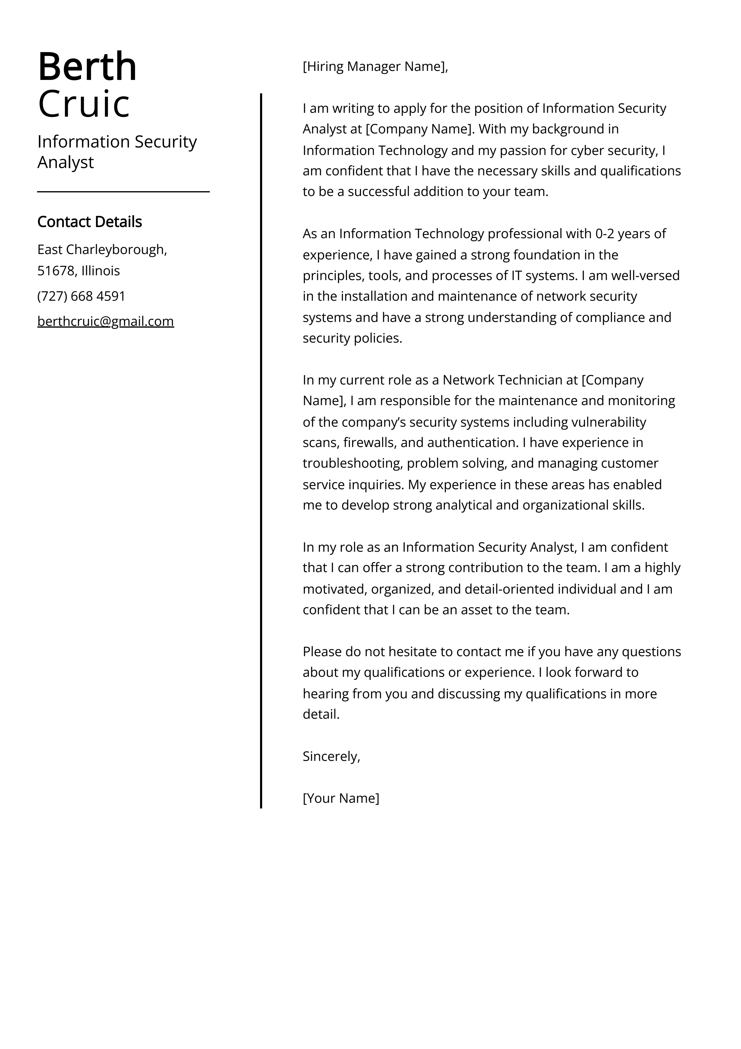 Information Security Analyst Cover Letter Example