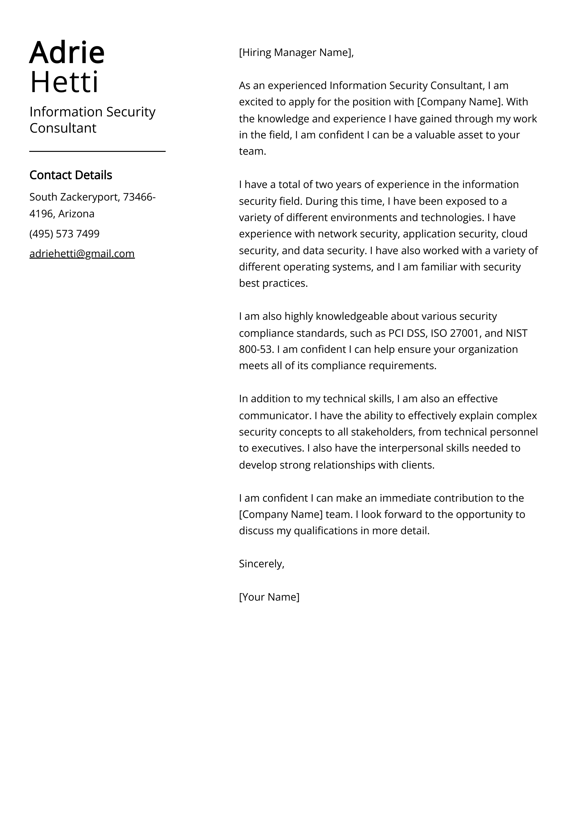 Information Security Consultant Cover Letter Example