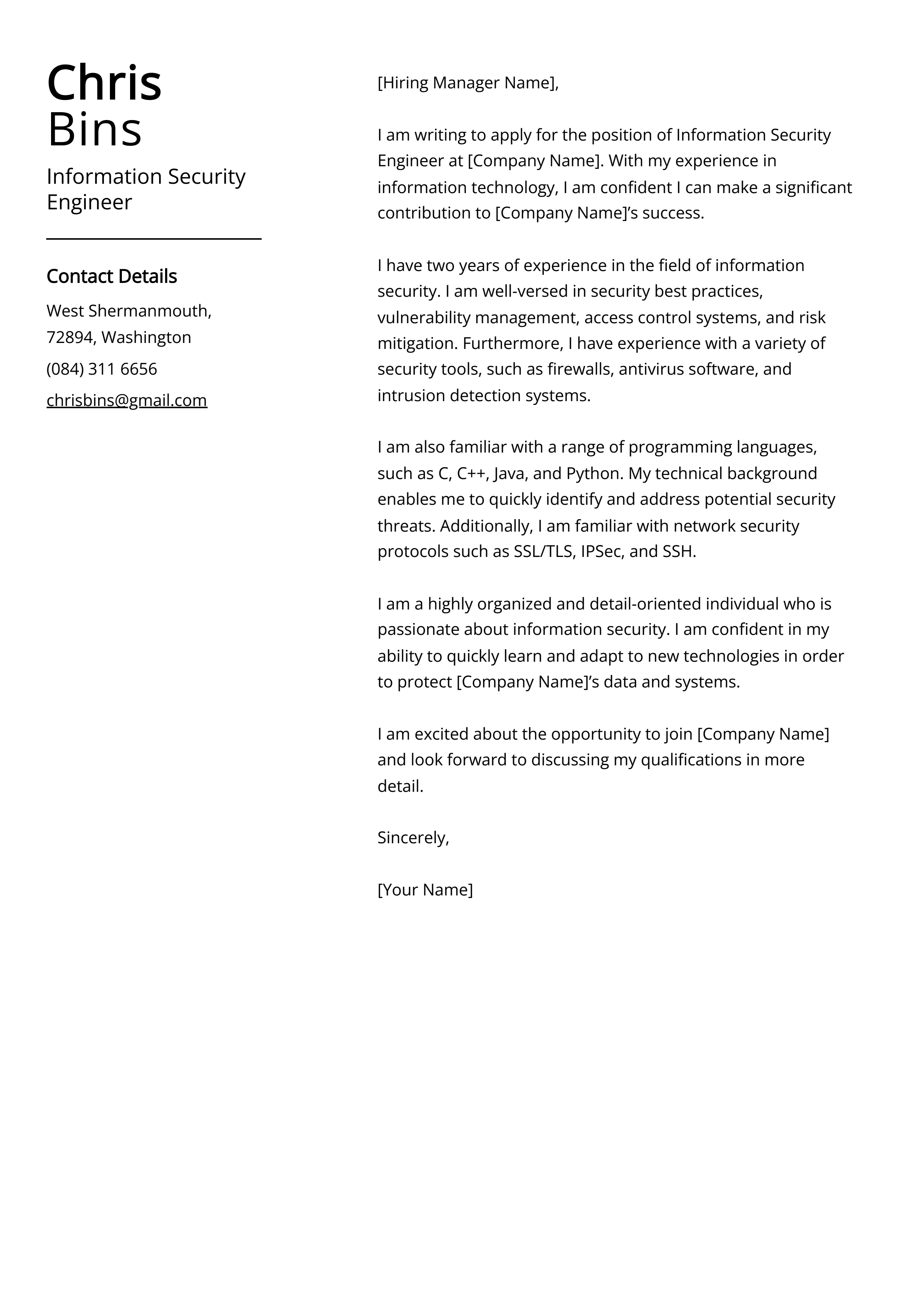 Information Security Engineer Cover Letter Example