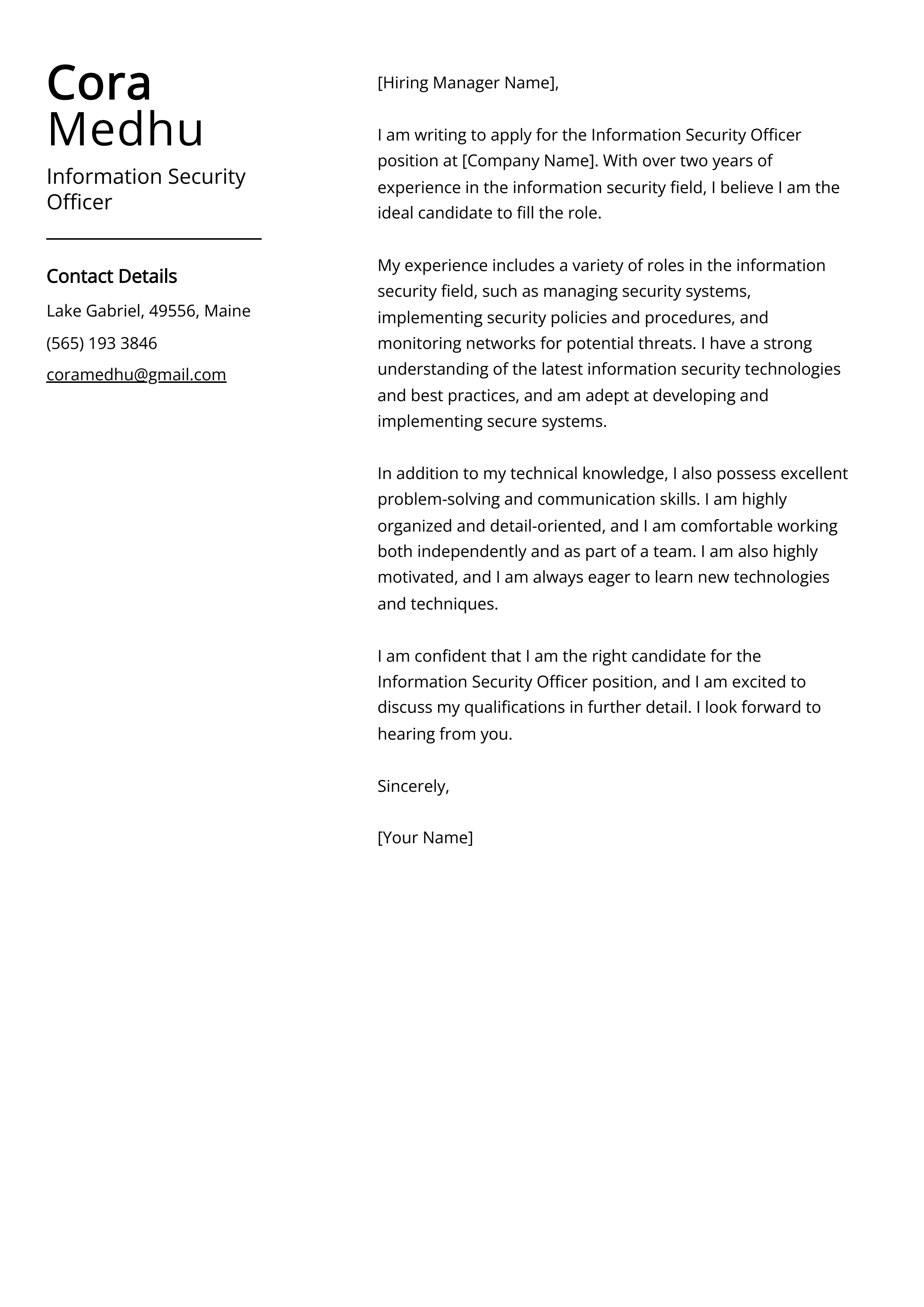 Information Security Officer Cover Letter Example
