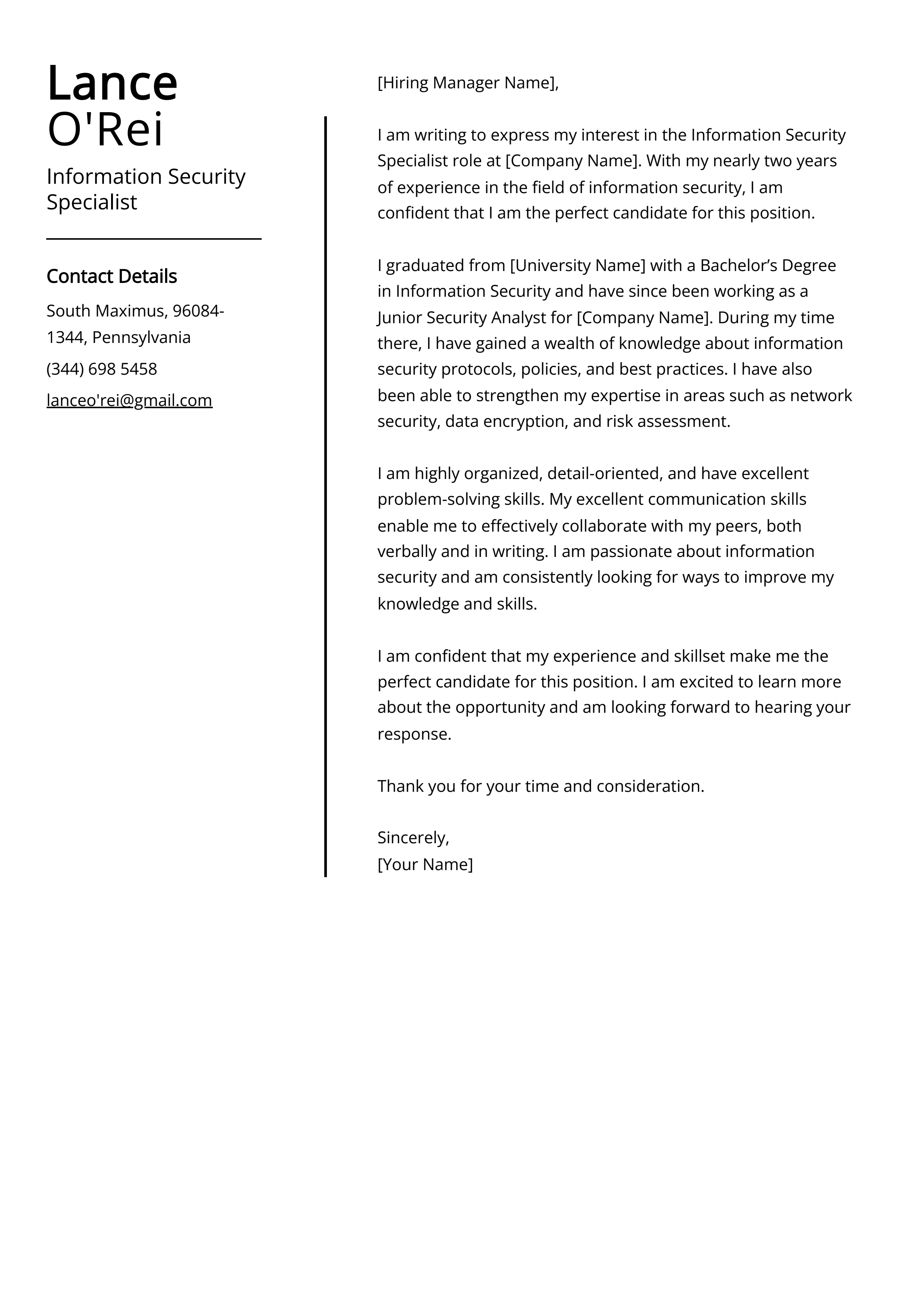Information Security Specialist Cover Letter Example