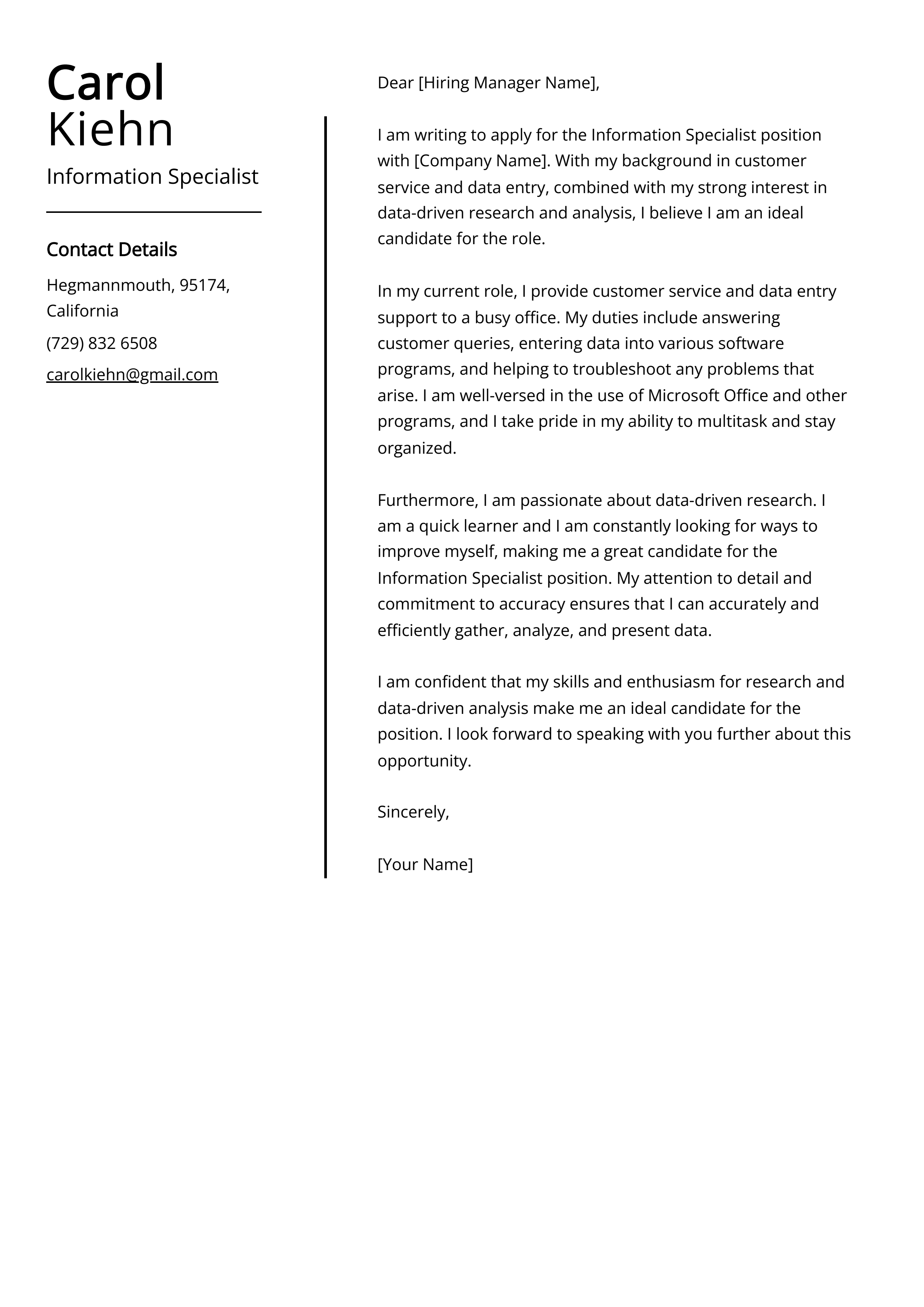 Information Specialist Cover Letter Example