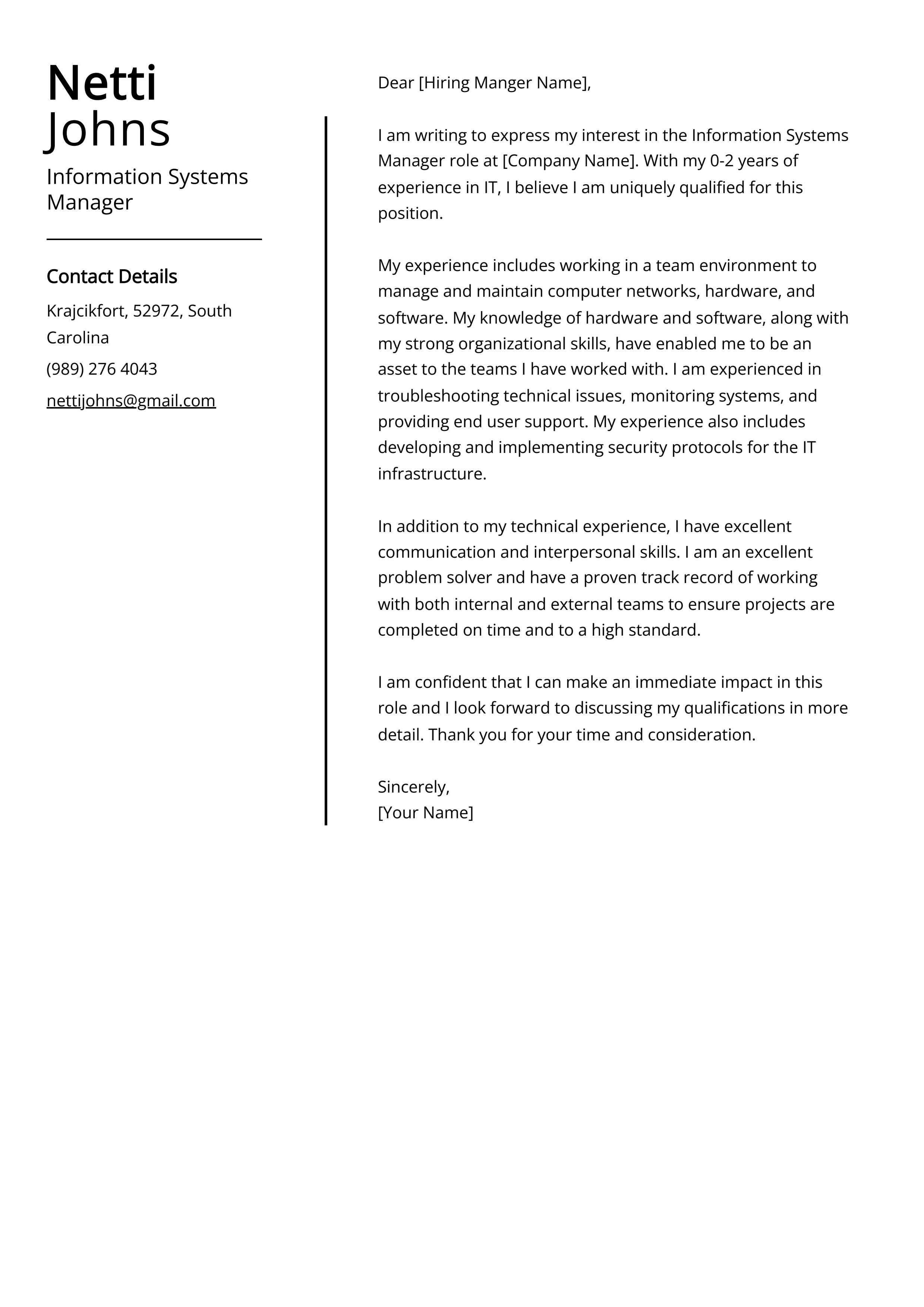 Information Systems Manager Cover Letter Example