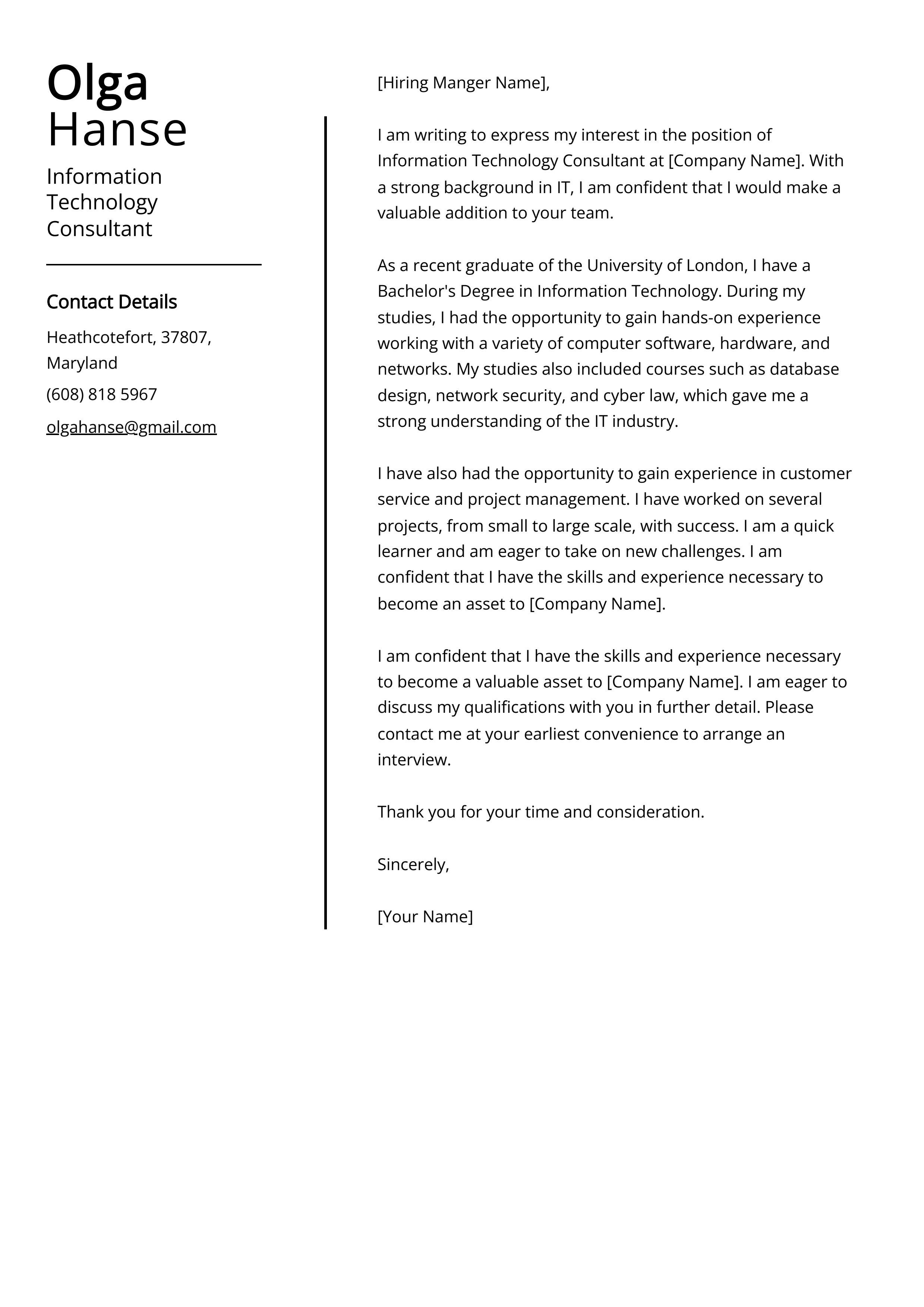 Information Technology Consultant Cover Letter Example