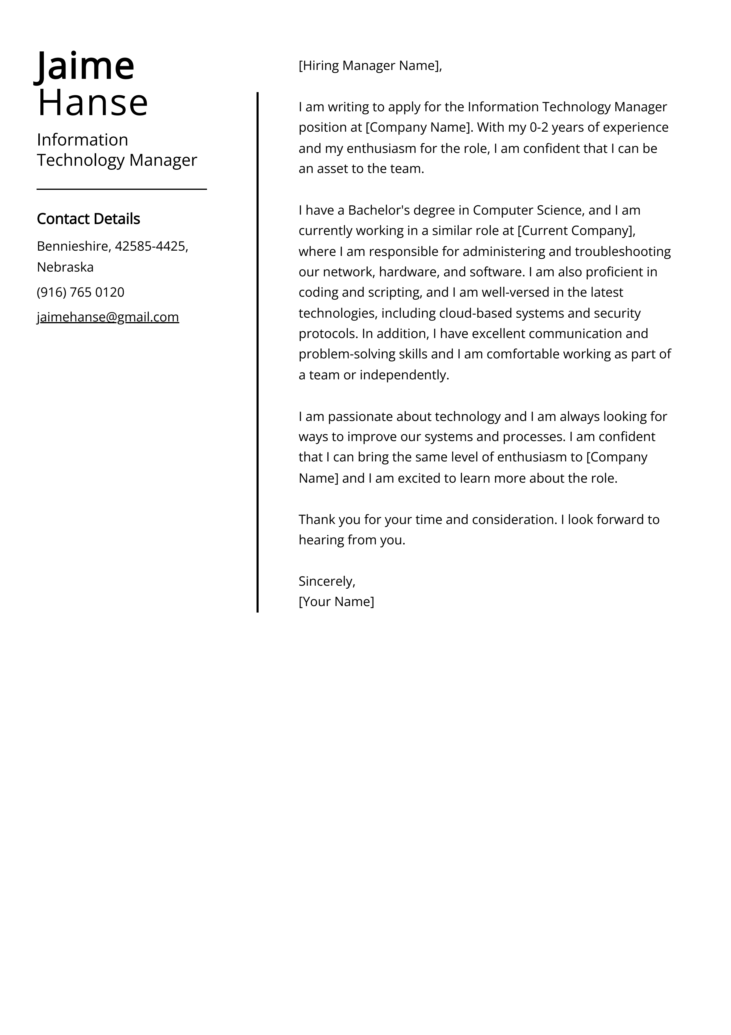 Information Technology Manager Cover Letter Example