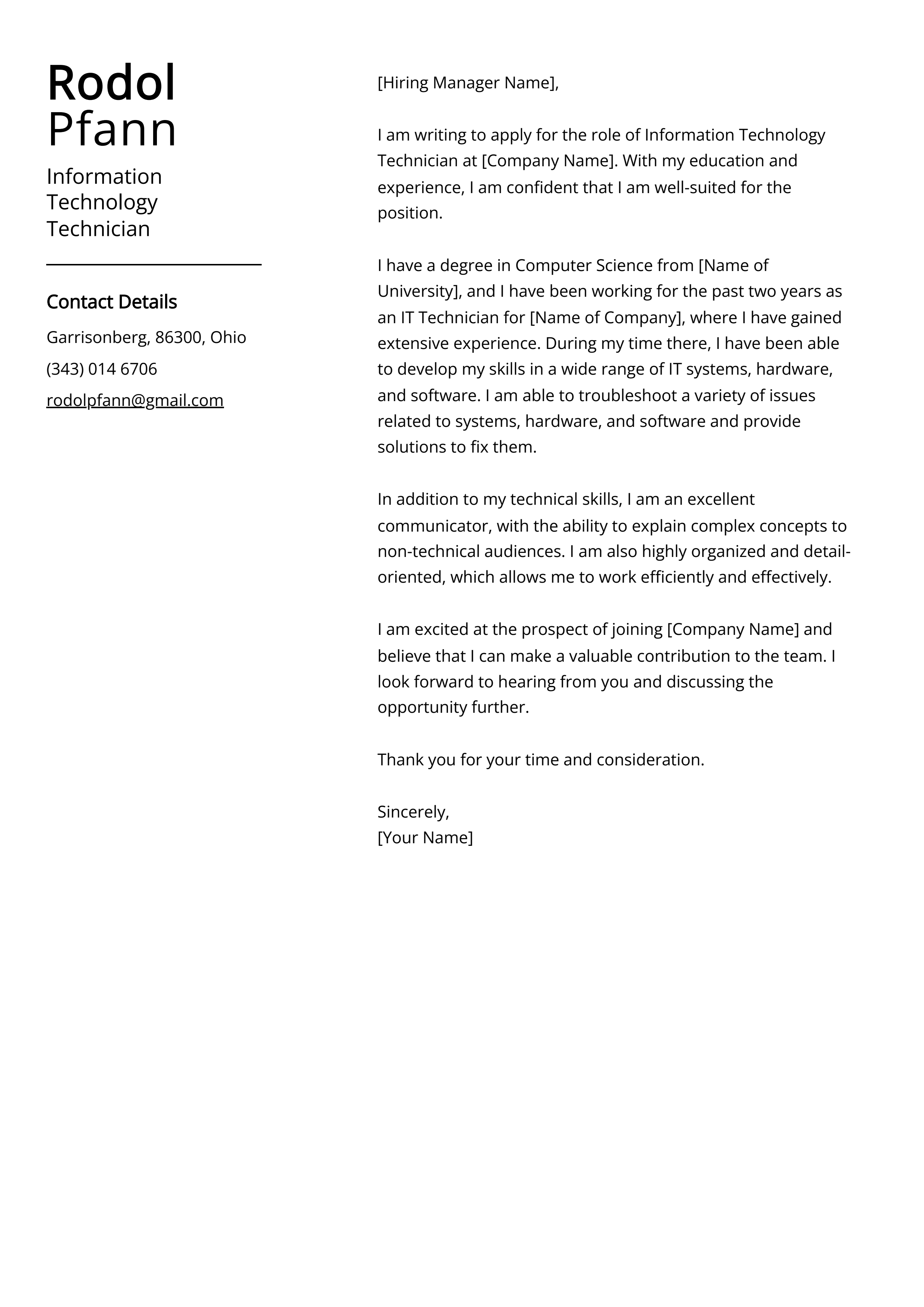 Information Technology Technician Cover Letter Example