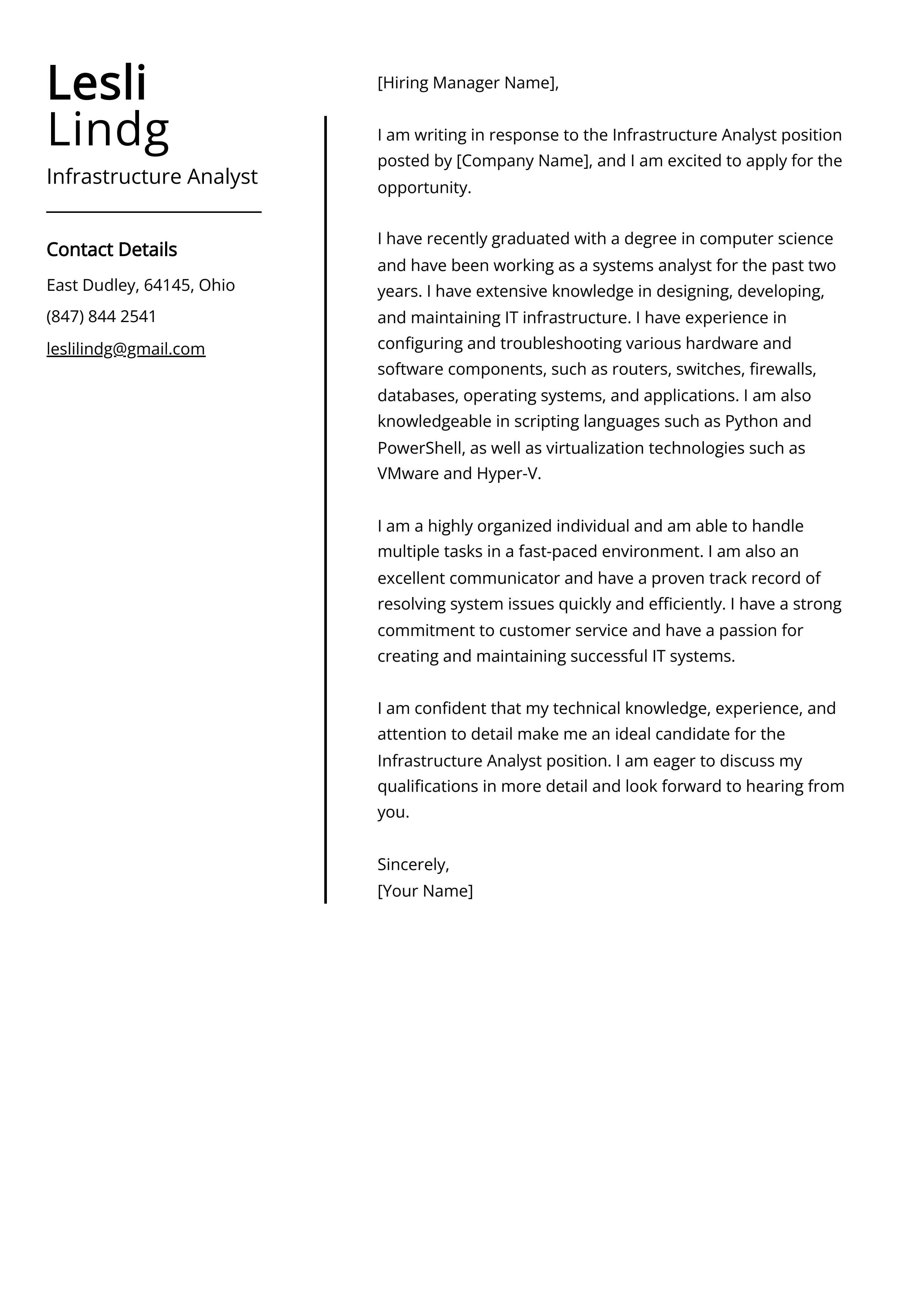 Infrastructure Analyst Cover Letter Example