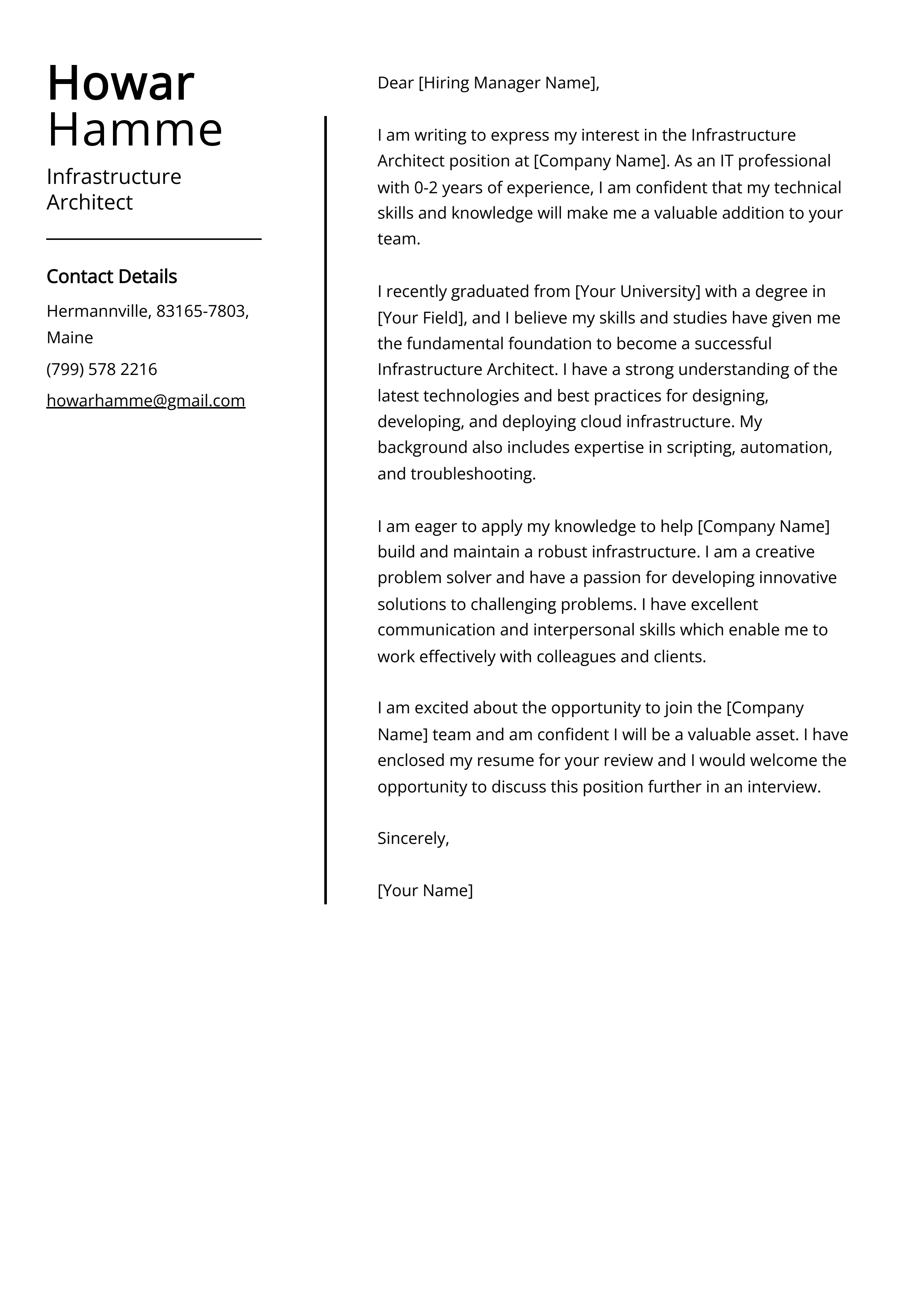 Infrastructure Architect Cover Letter Example