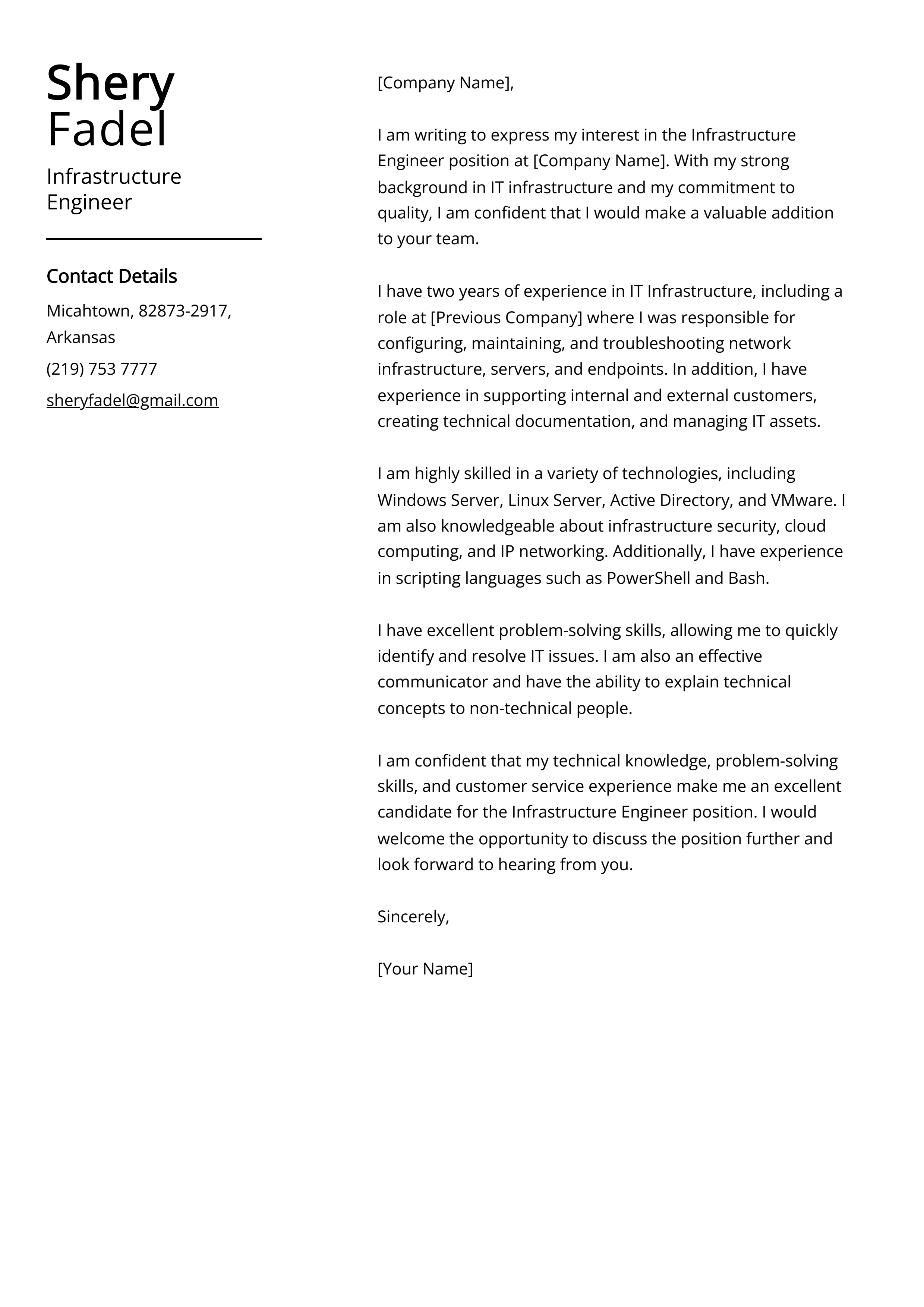 Infrastructure Engineer Cover Letter Example