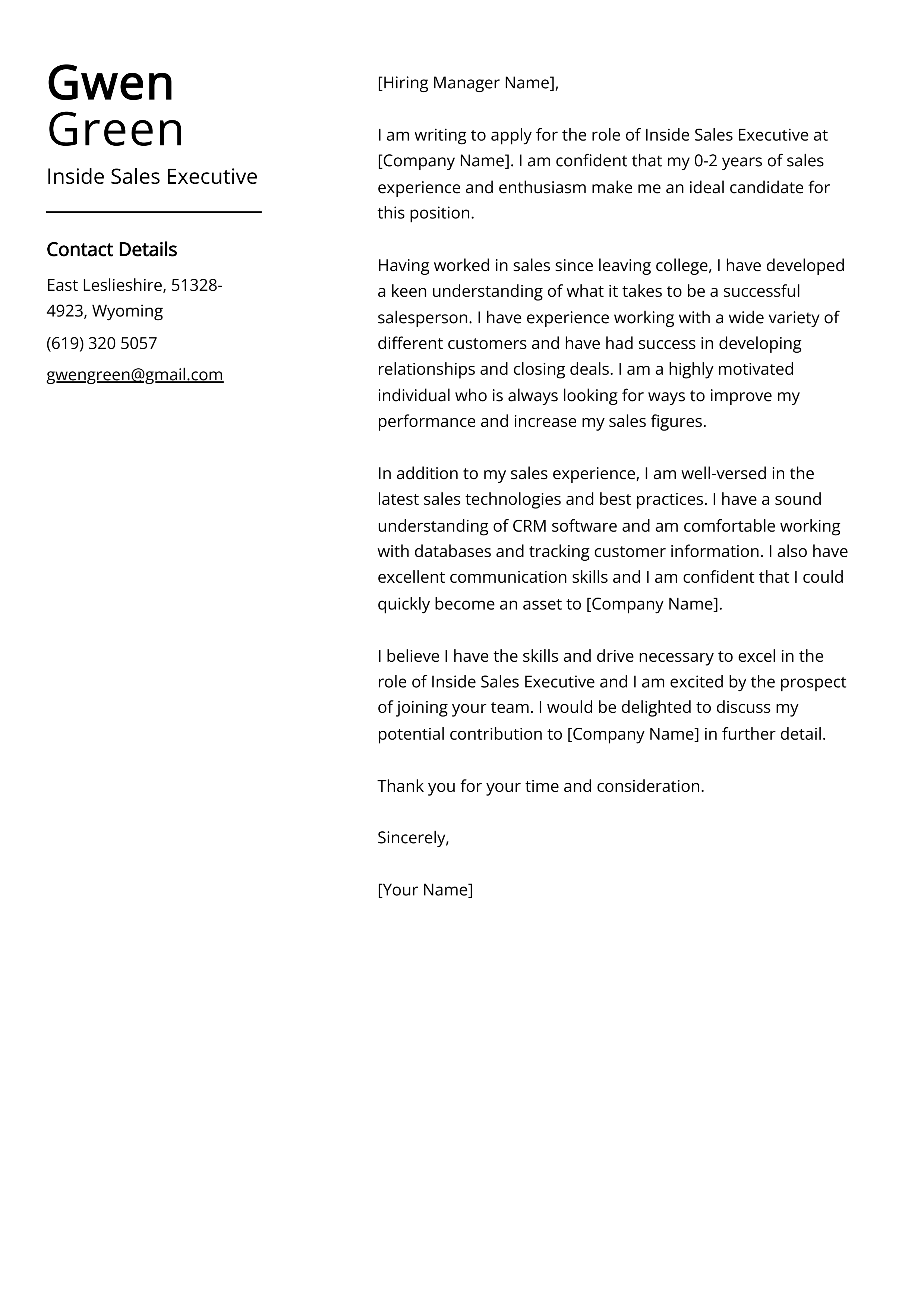 Inside Sales Executive Cover Letter Example