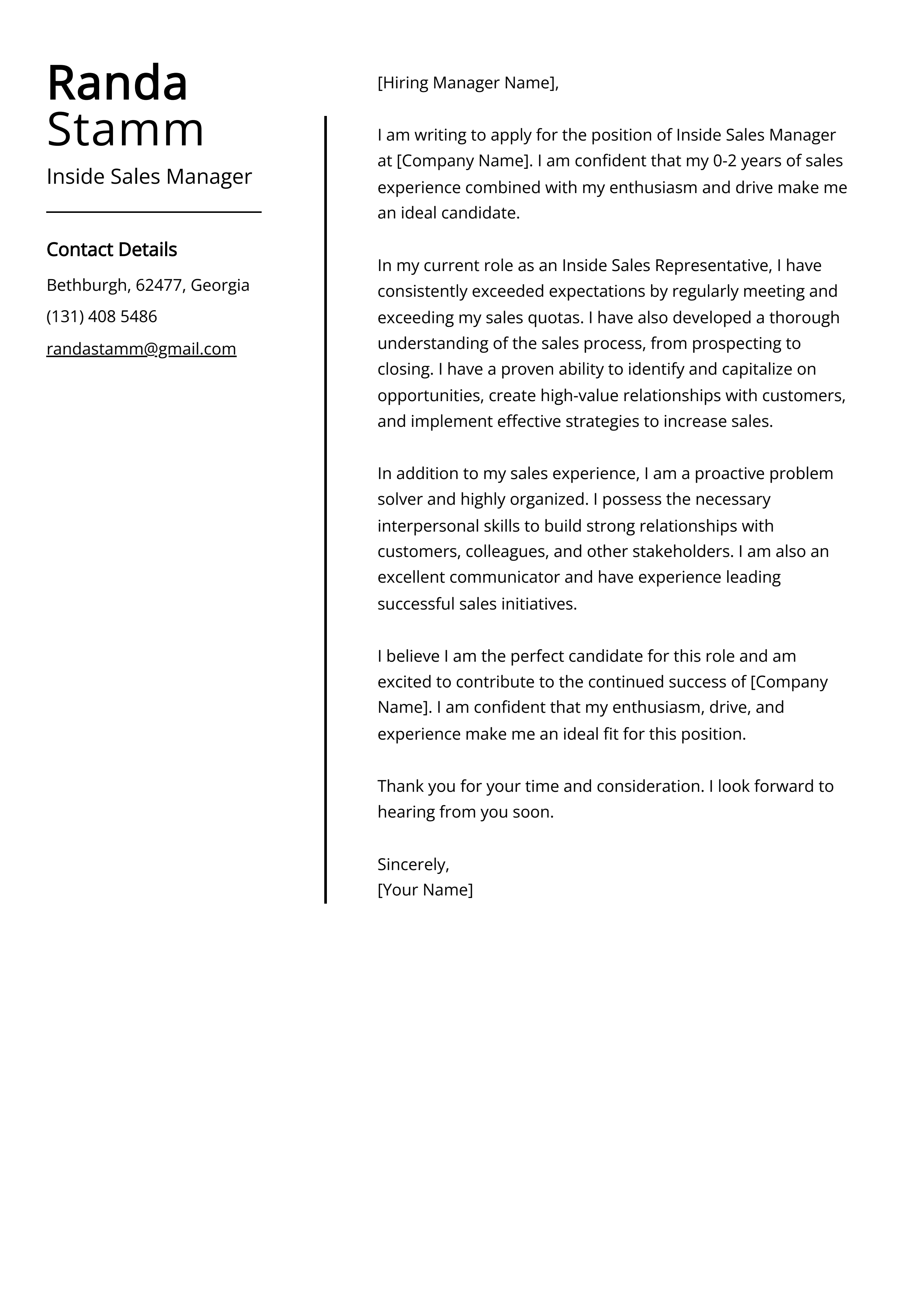 Inside Sales Manager Cover Letter Example