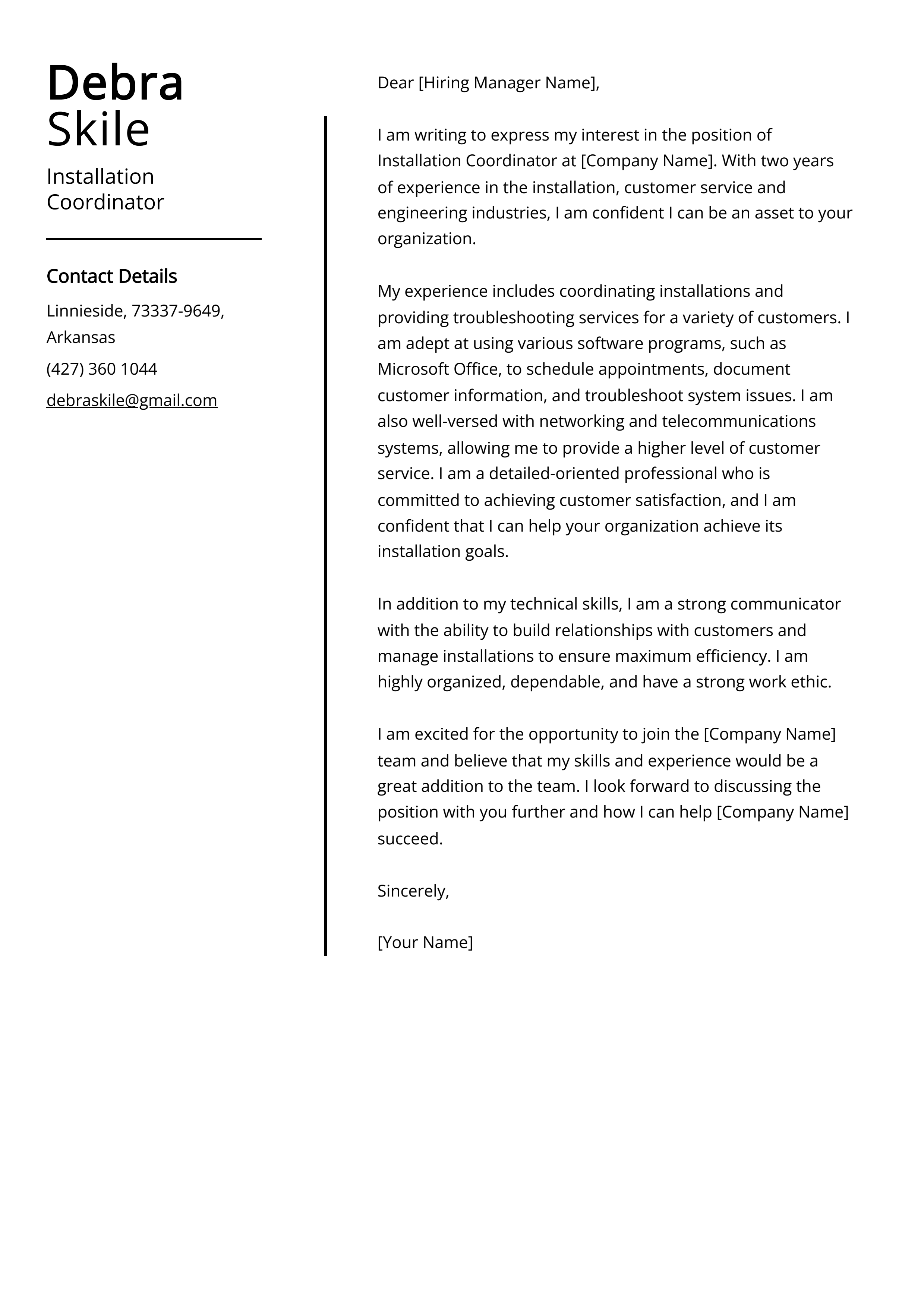 Installation Coordinator Cover Letter Example