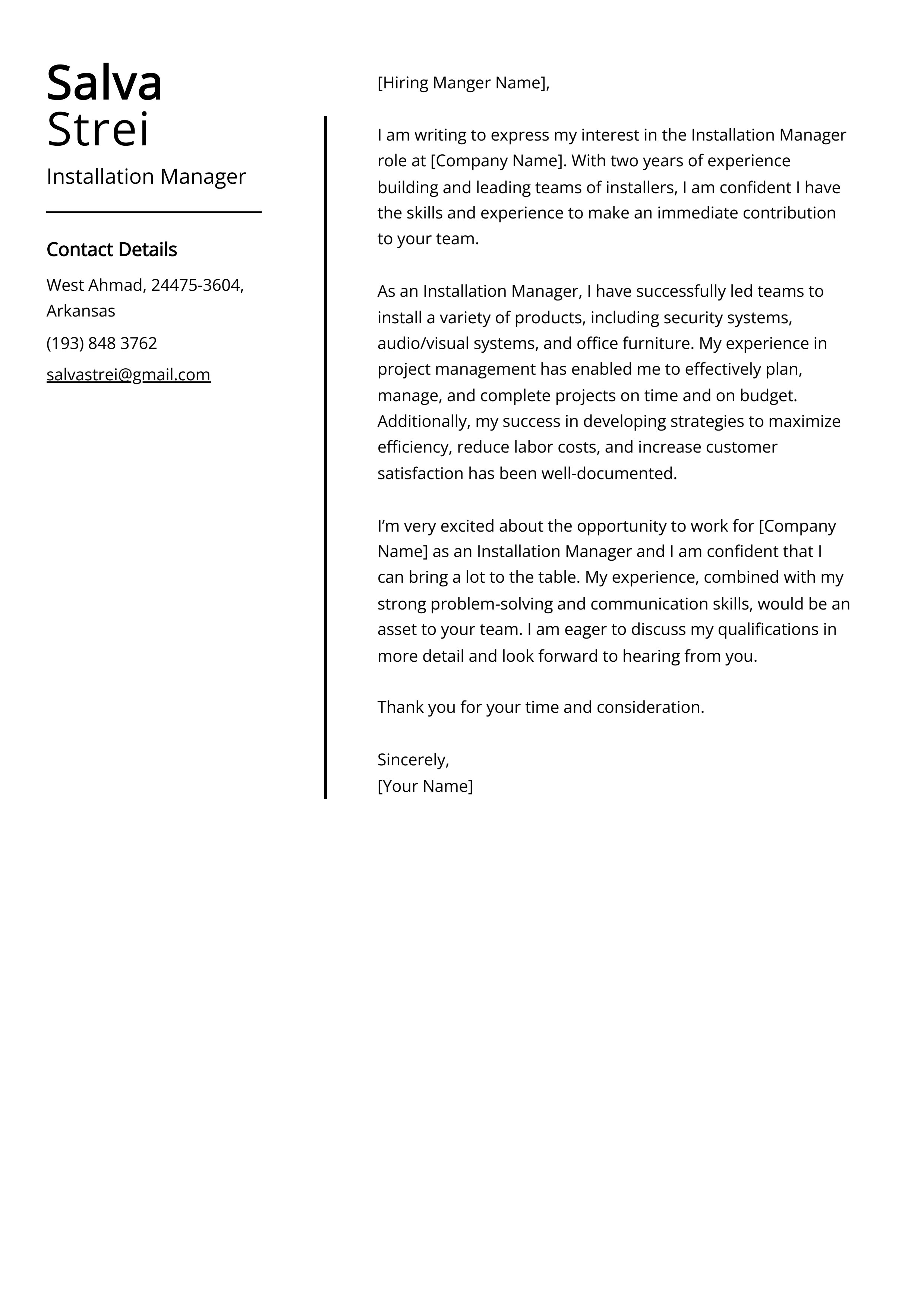 Installation Manager Cover Letter Example