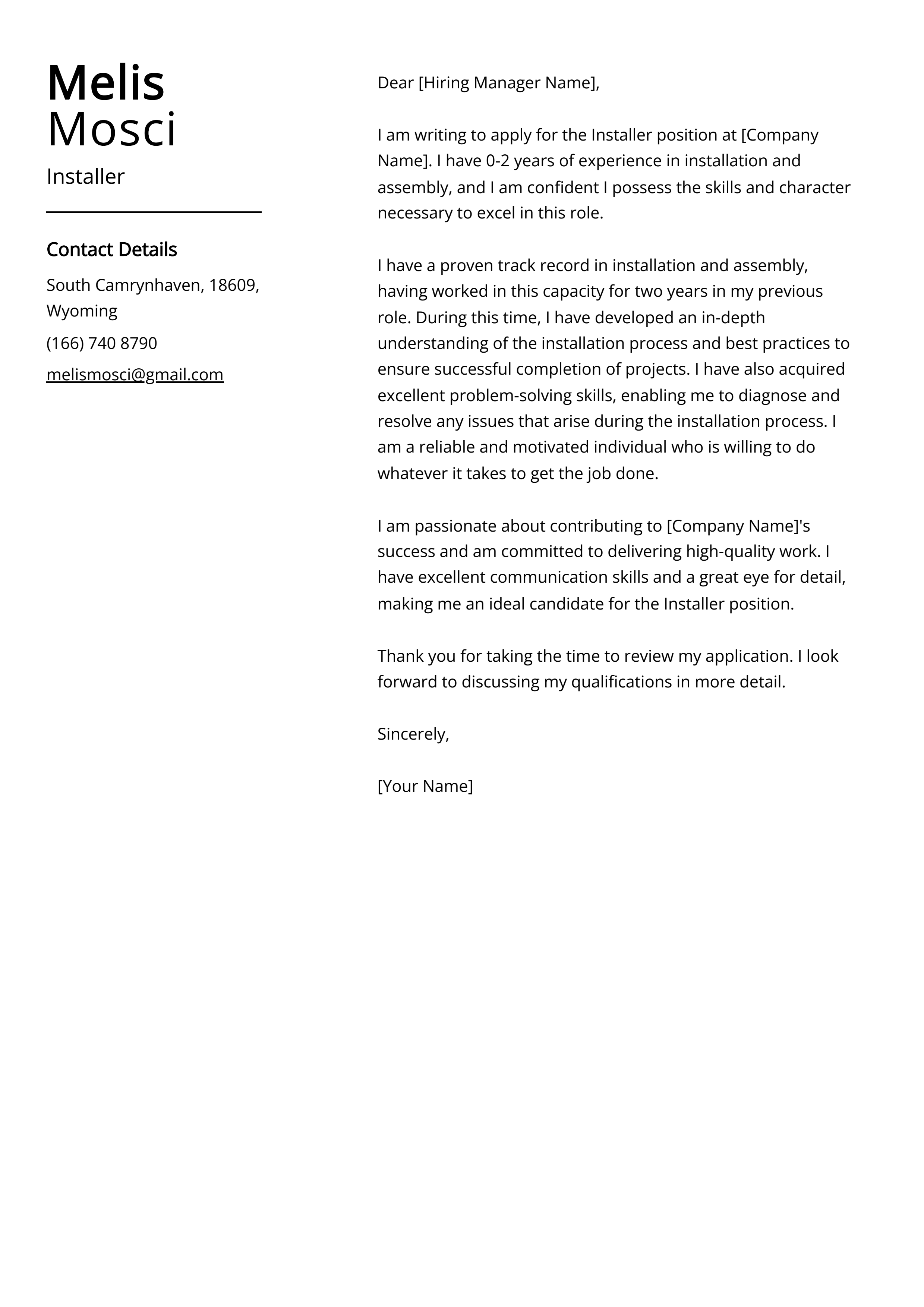 Installer Cover Letter Example