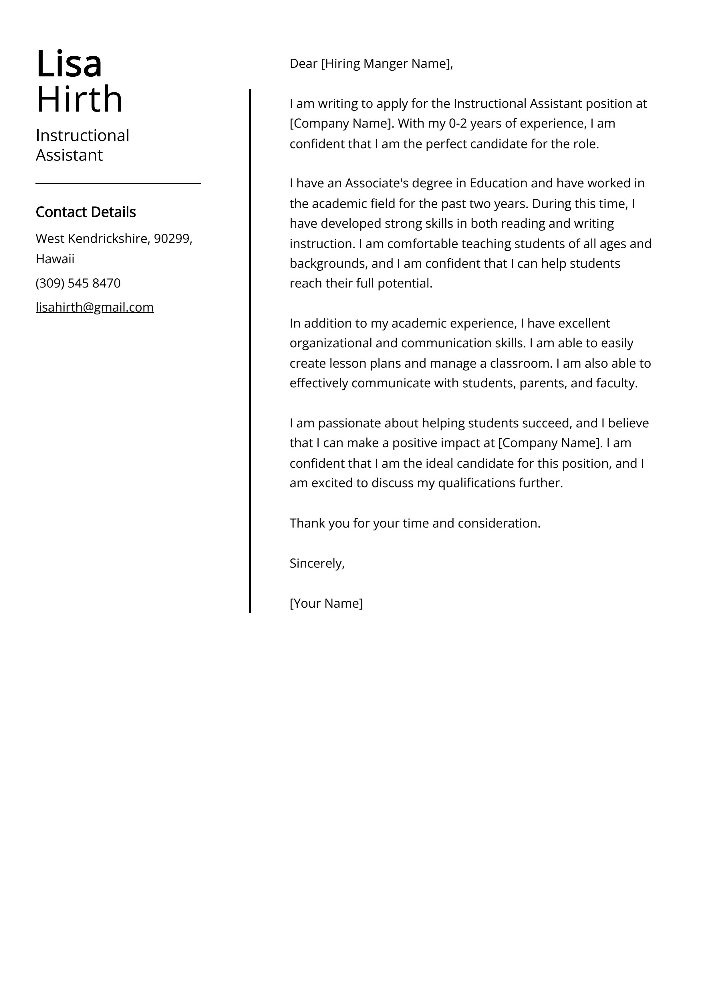 Instructional Assistant Cover Letter Example