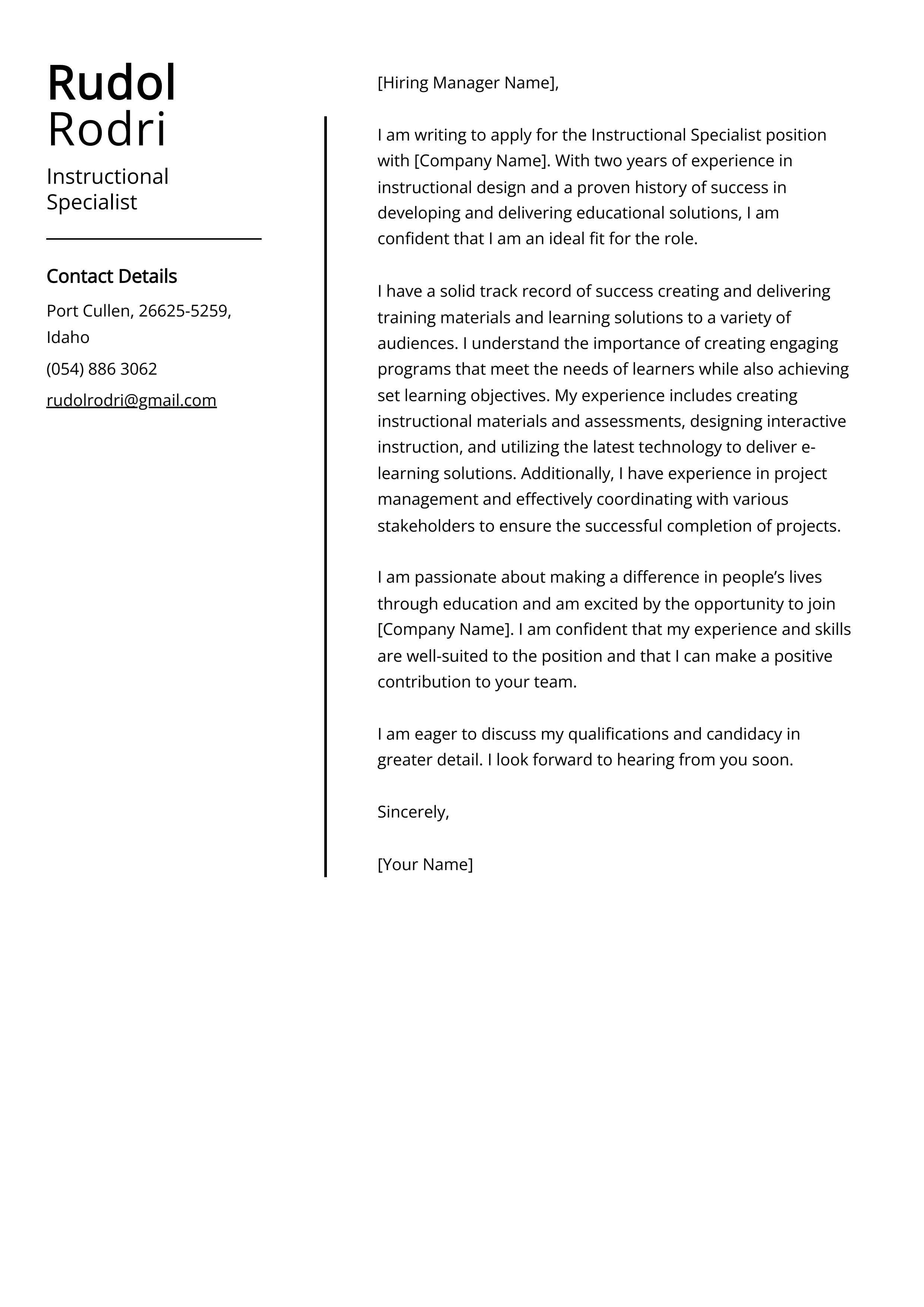 Instructional Specialist Cover Letter Example