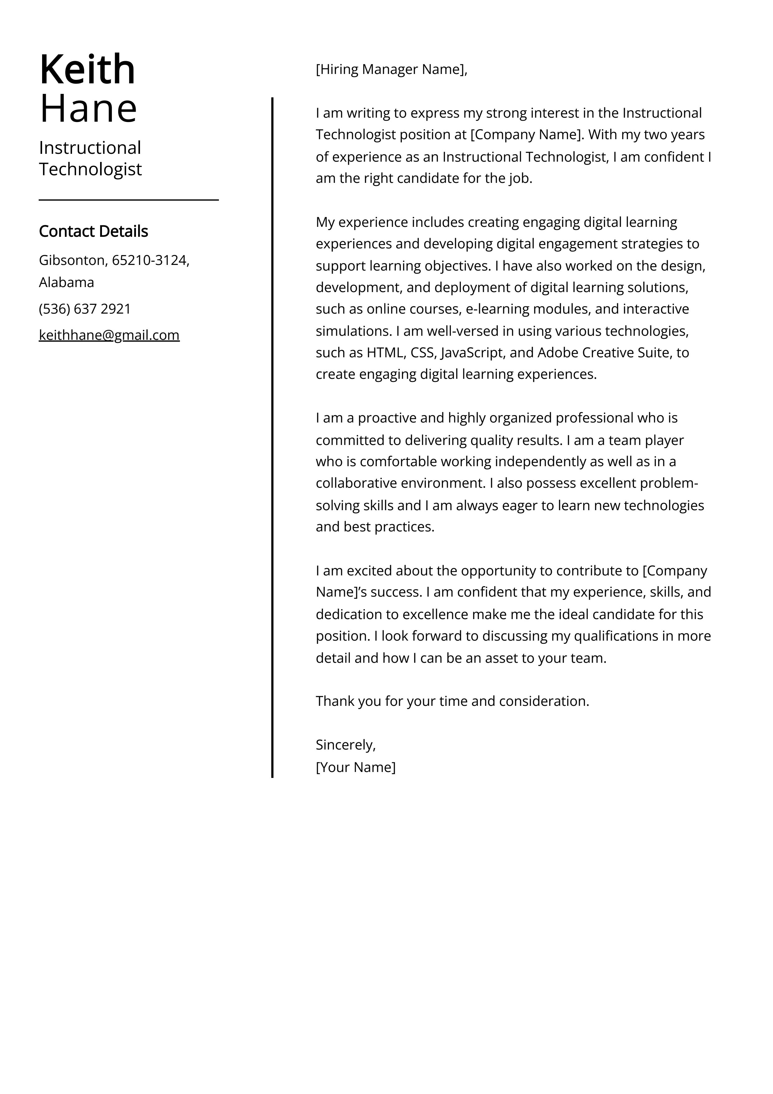Instructional Technologist Cover Letter Example