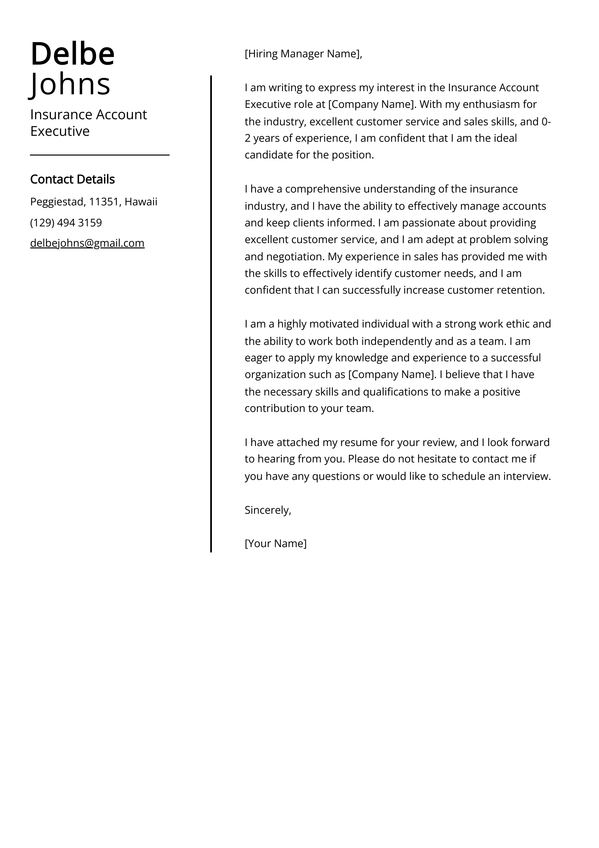 Insurance Account Executive Cover Letter Example