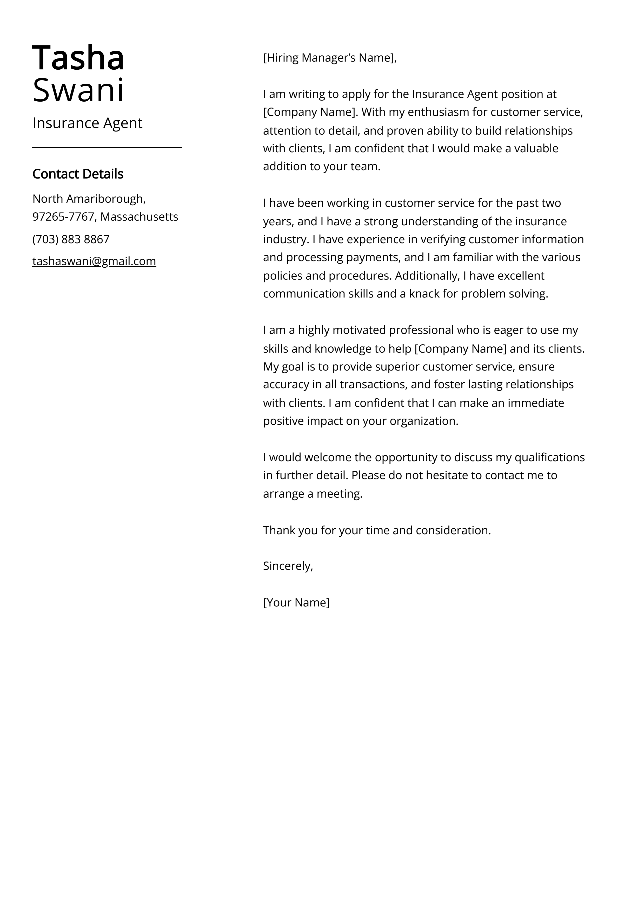 Insurance Agent Cover Letter Example