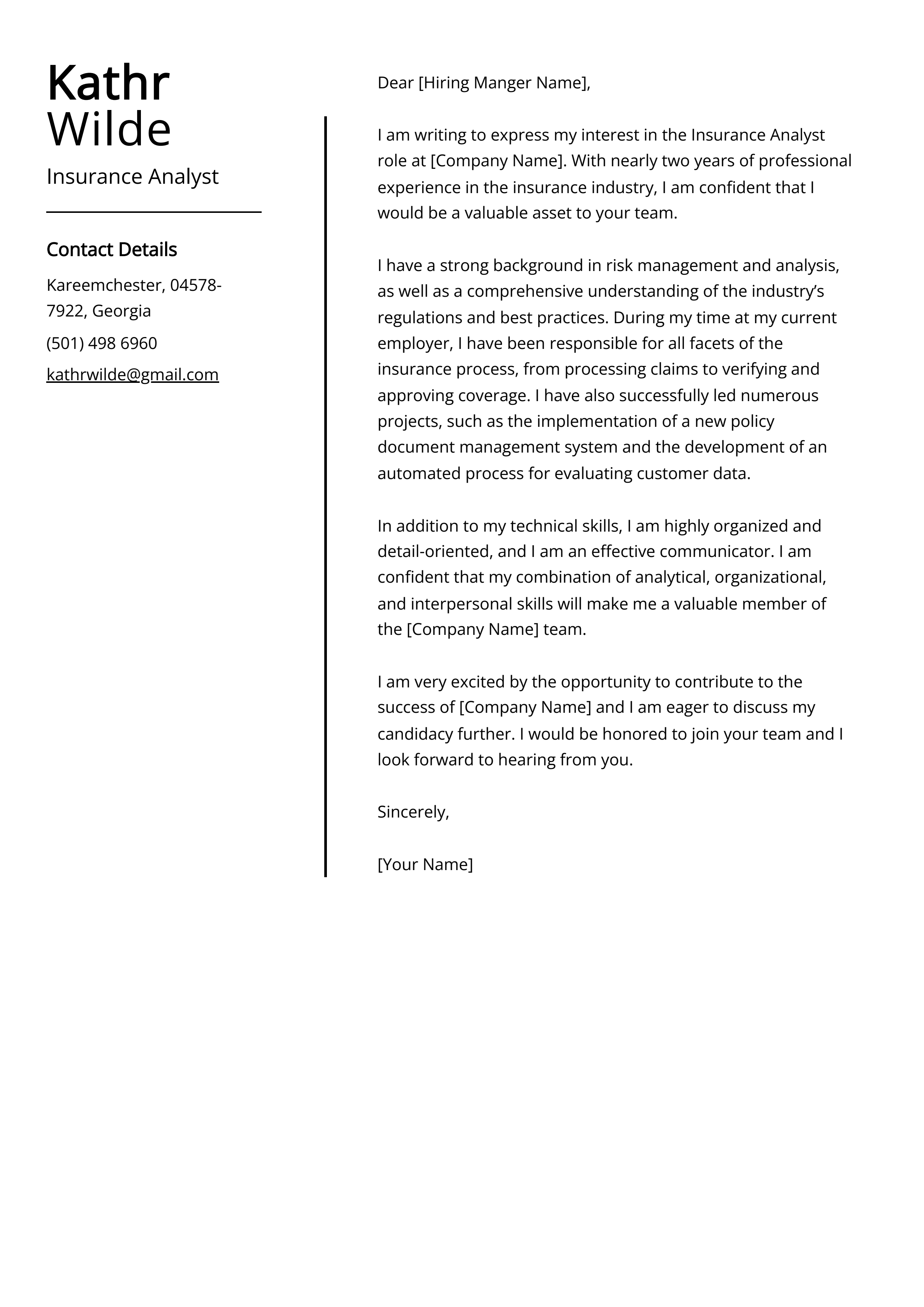 Insurance Analyst Cover Letter Example