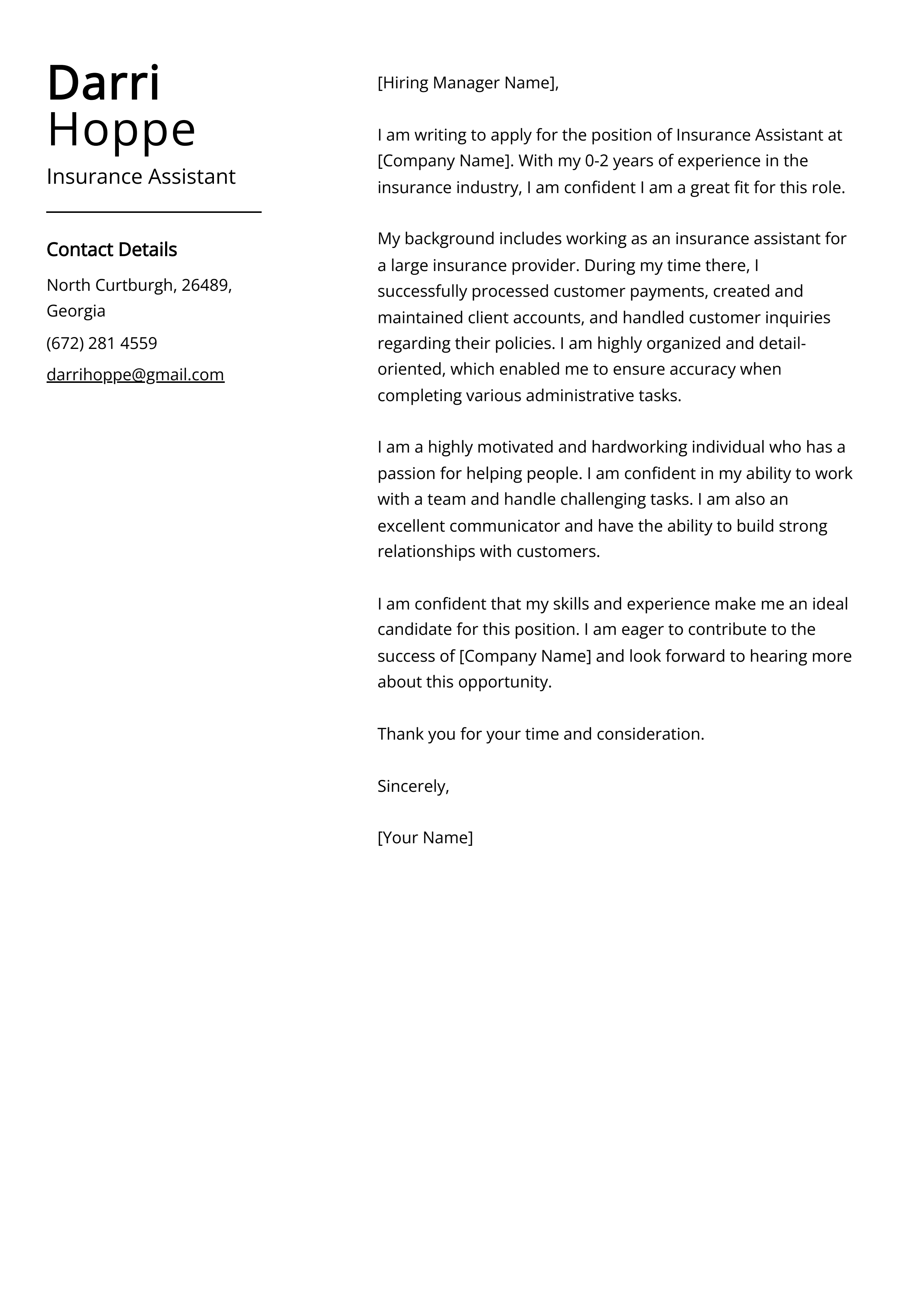 Insurance Assistant Cover Letter Example