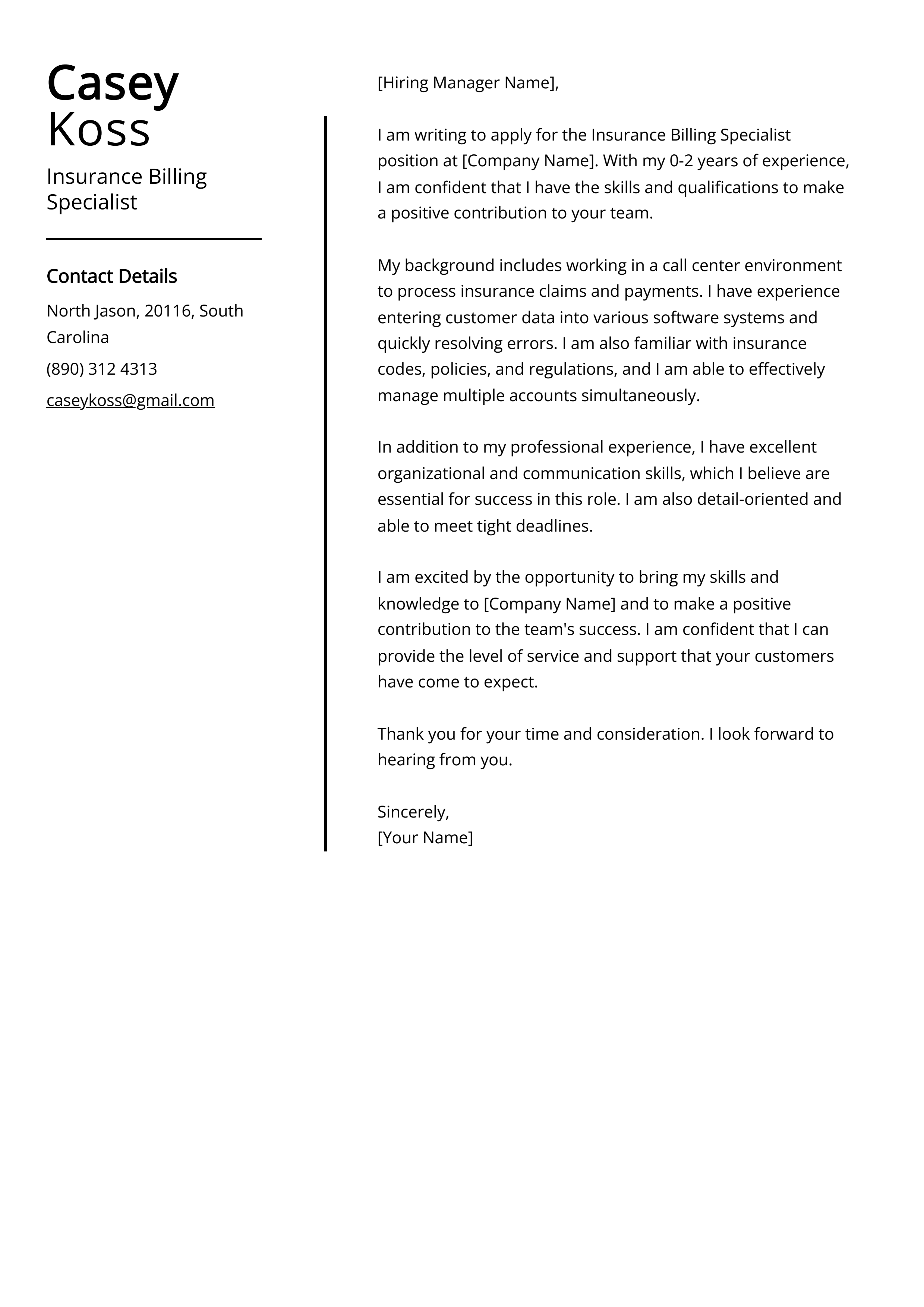 Insurance Billing Specialist Cover Letter Example
