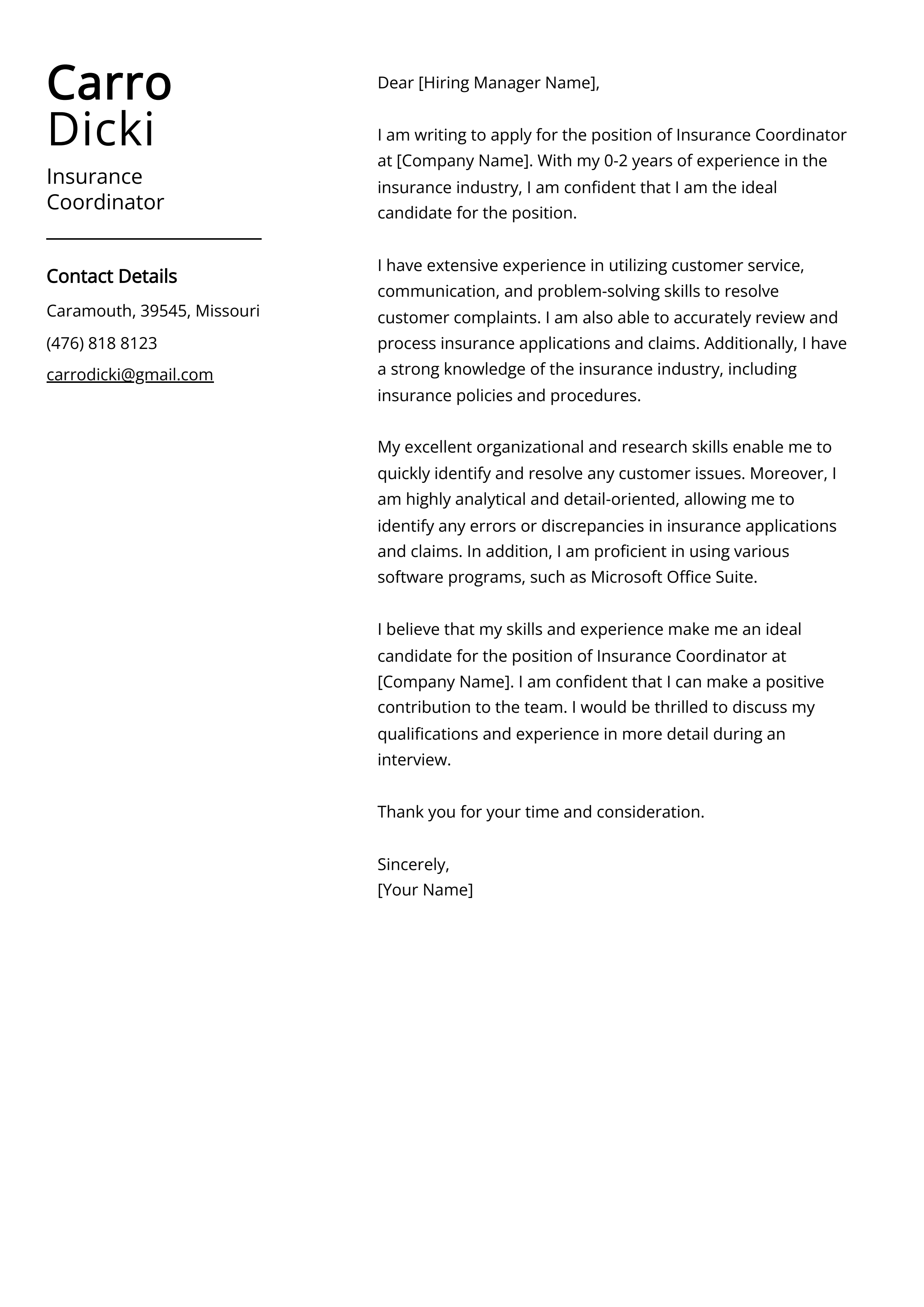 Insurance Coordinator Cover Letter Example