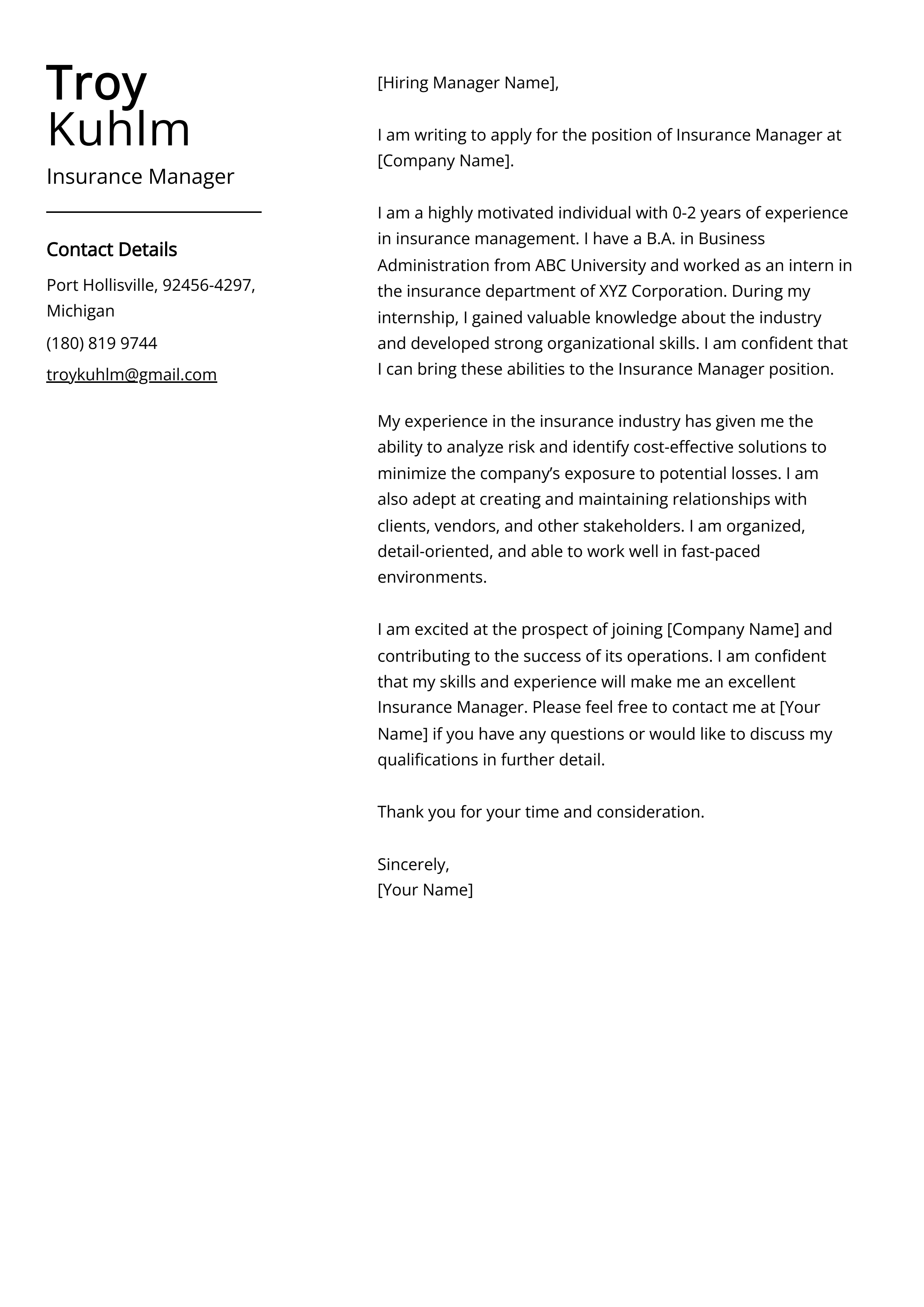 Insurance Manager Cover Letter Example