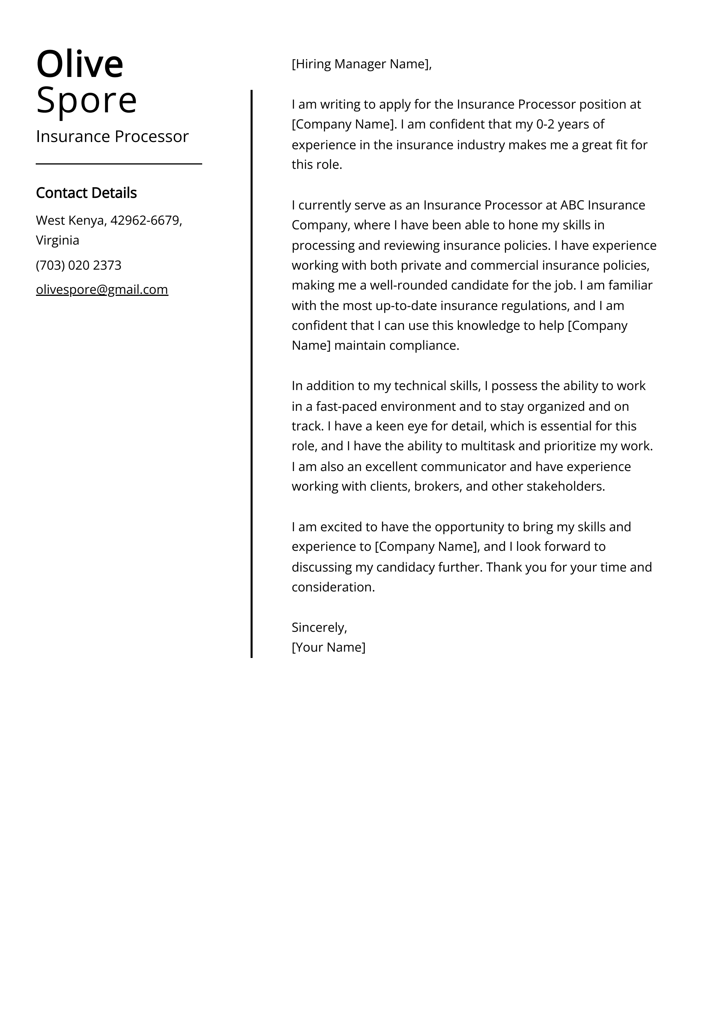 Insurance Processor Cover Letter Example