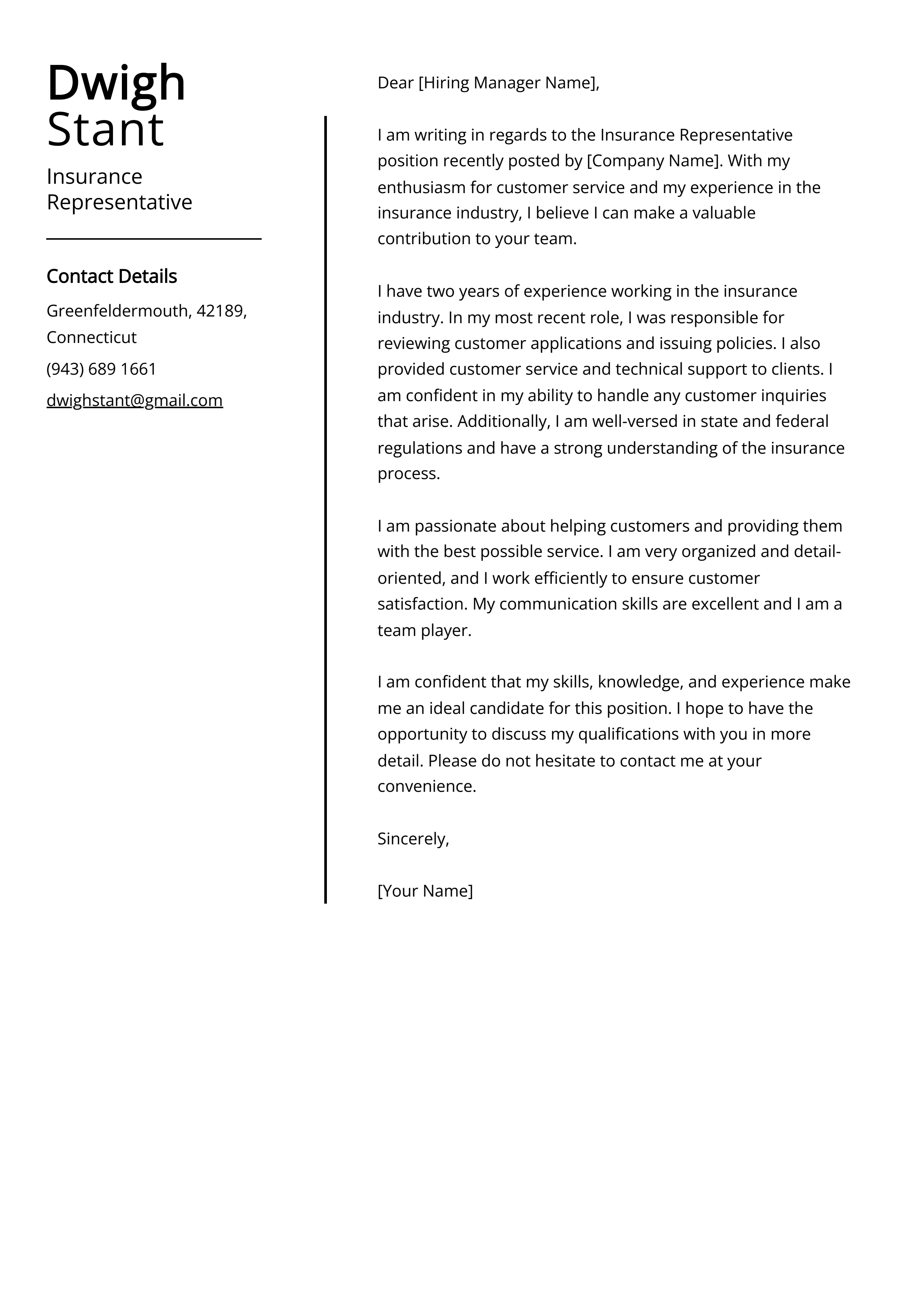 Insurance Representative Cover Letter Example